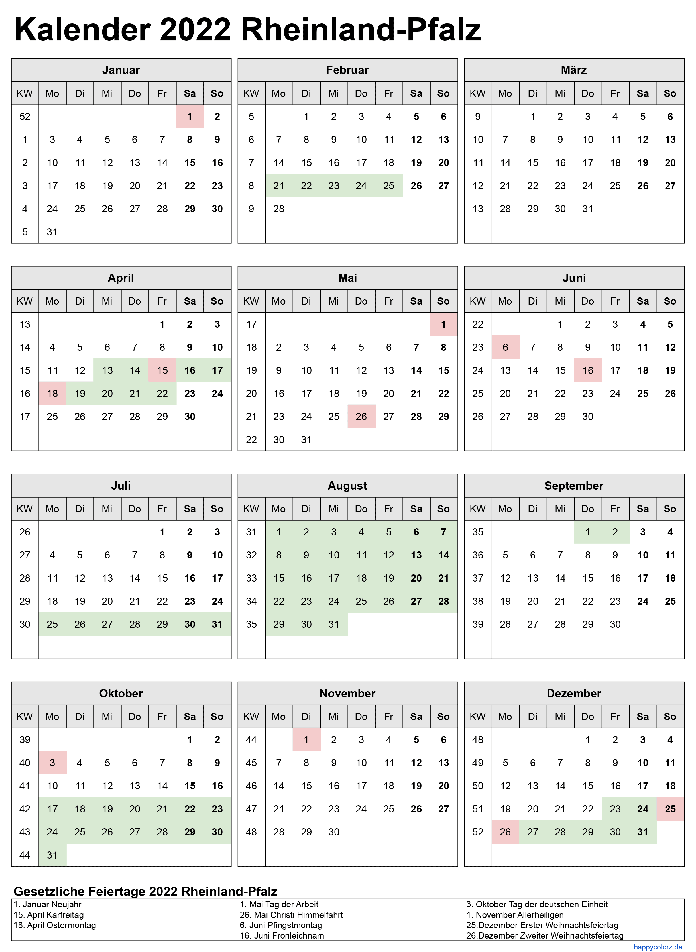 Kalender 2022 Rheinland-Pfalz zum Ausdrucken