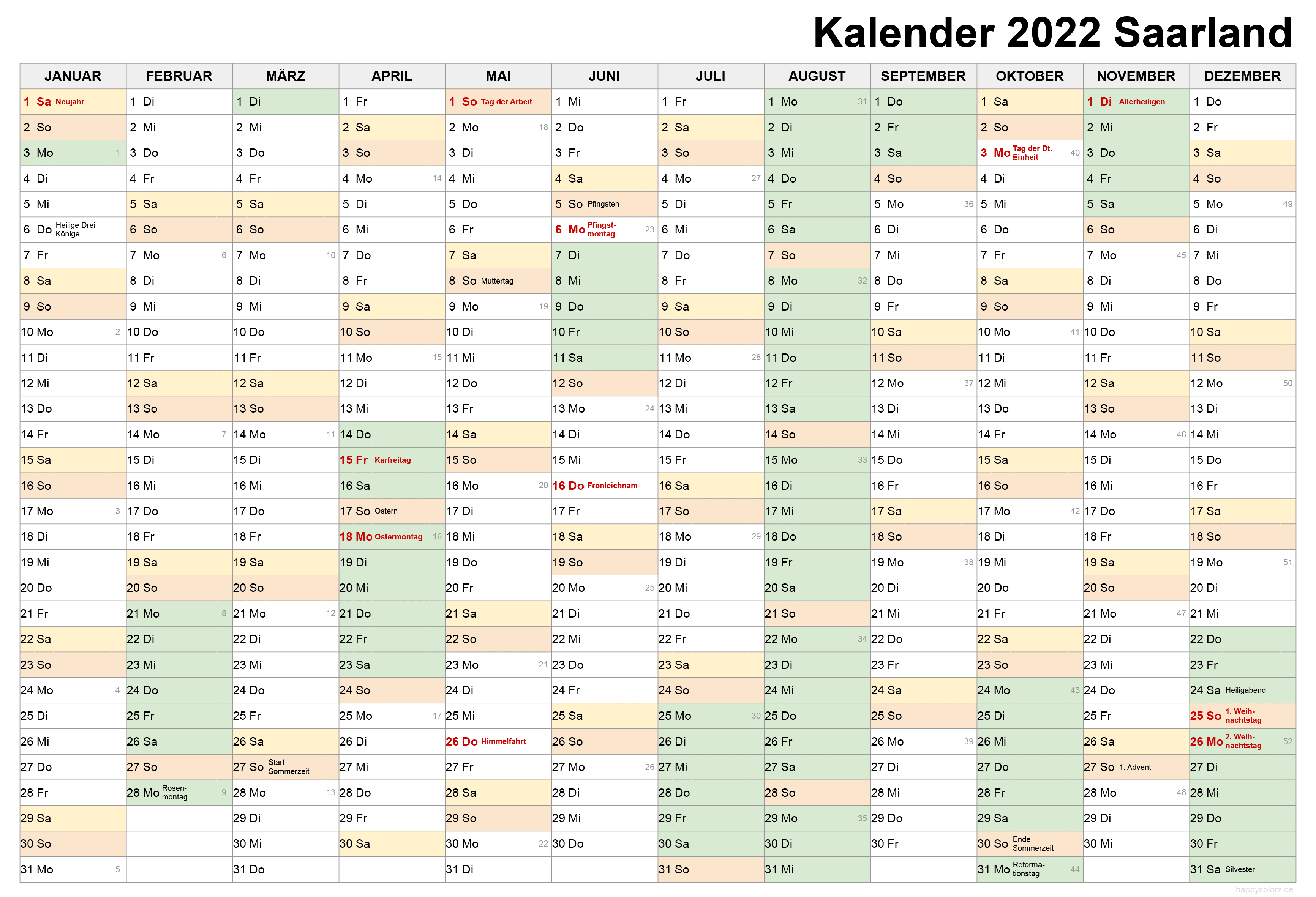 Kalender 2022 Saarland zum Ausdrucken