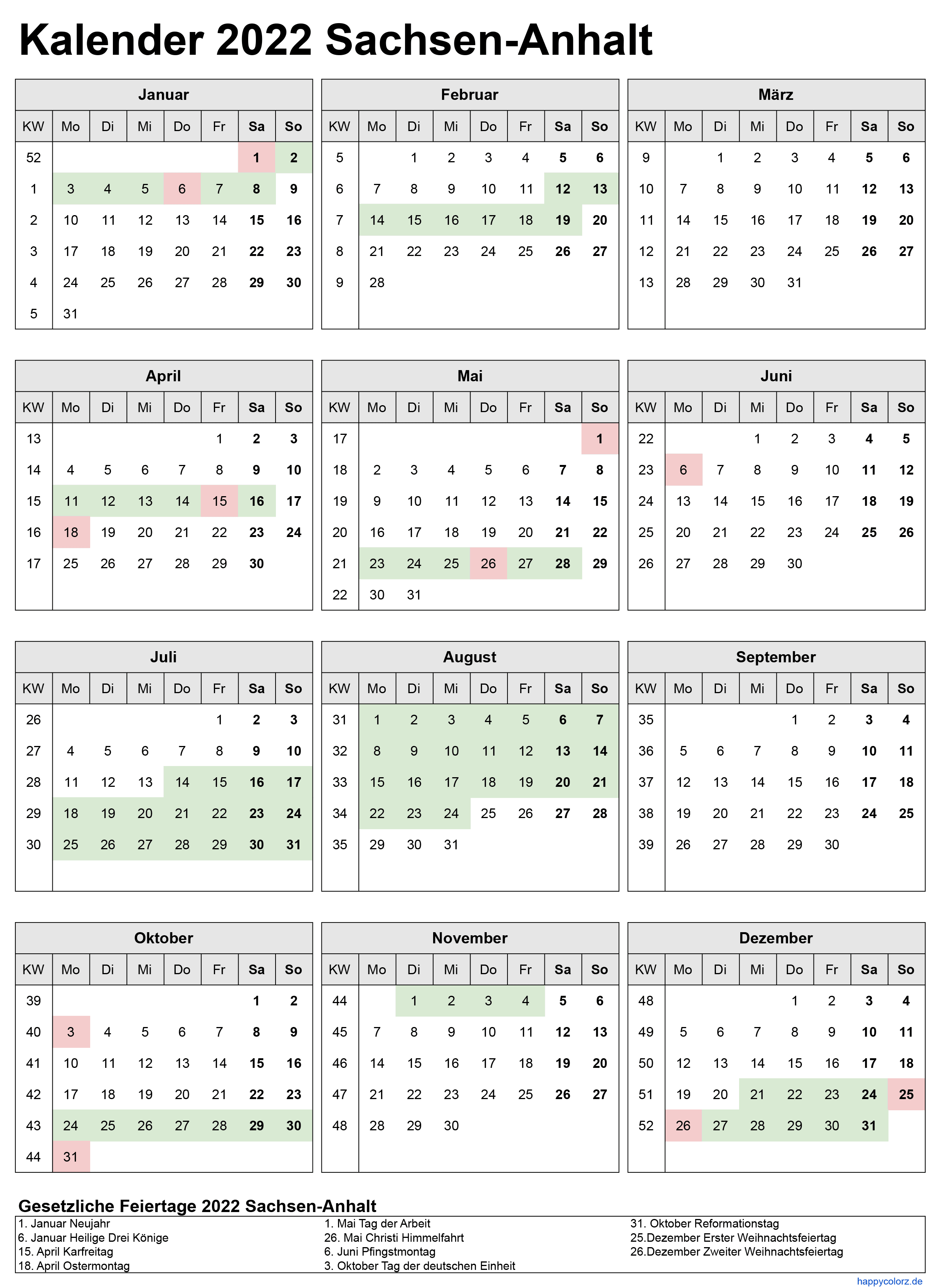 Kalender 2022 Sachsen-Anhalt zum Ausdrucken
