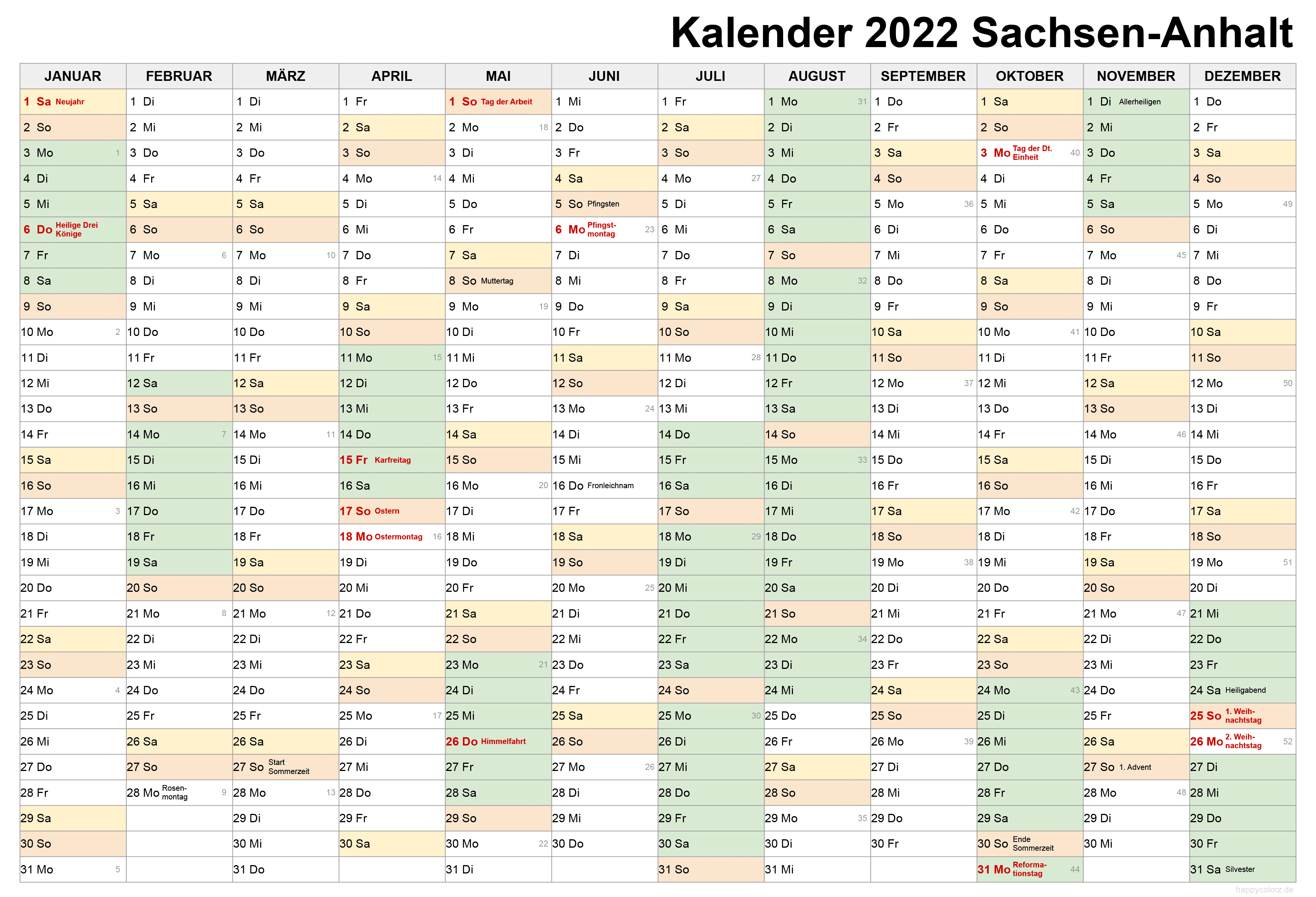 Kalender 2022 Sachsen-Anhalt zum Ausdrucken