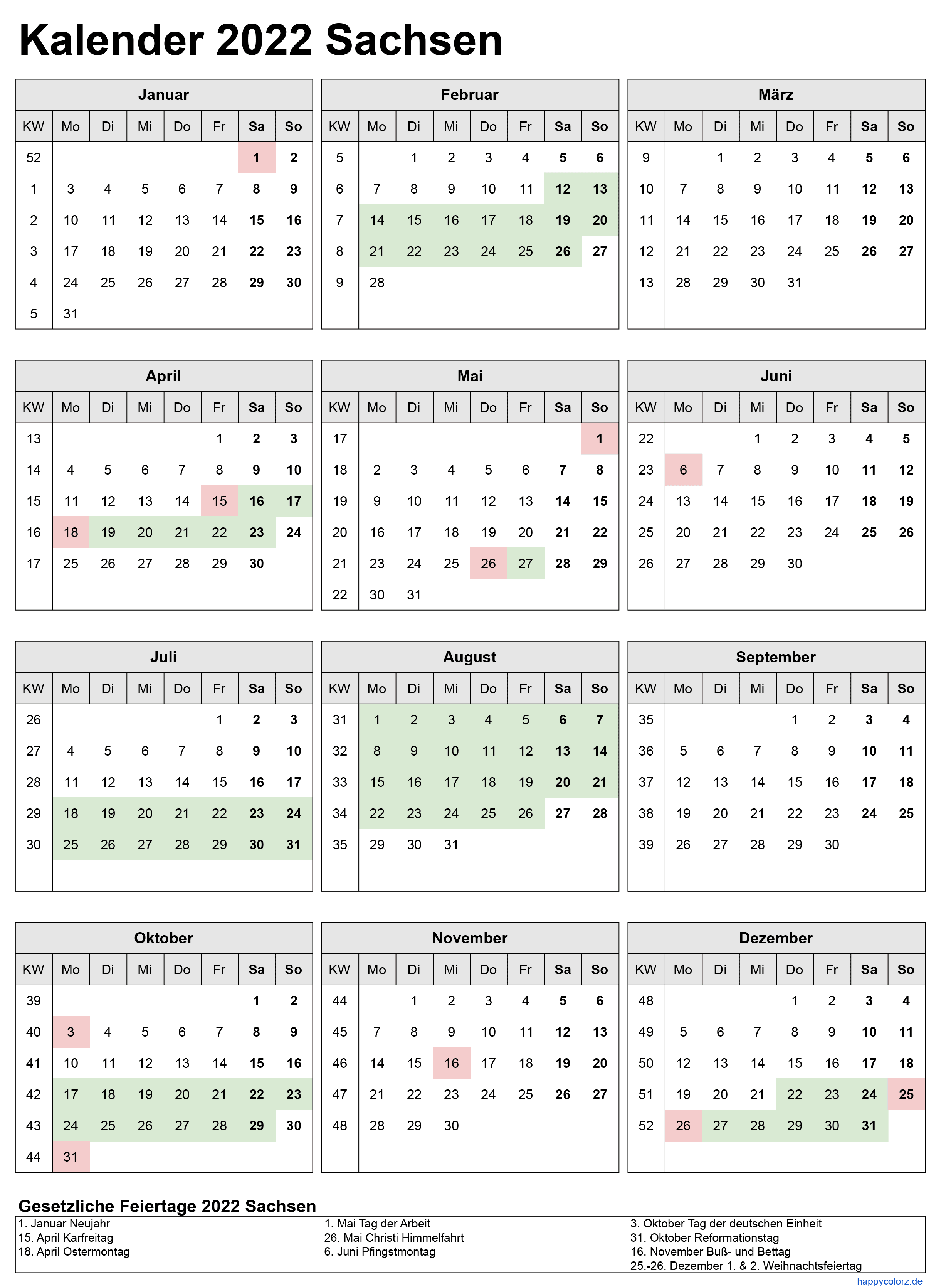 Kalender 2022 Sachsen zum Ausdrucken