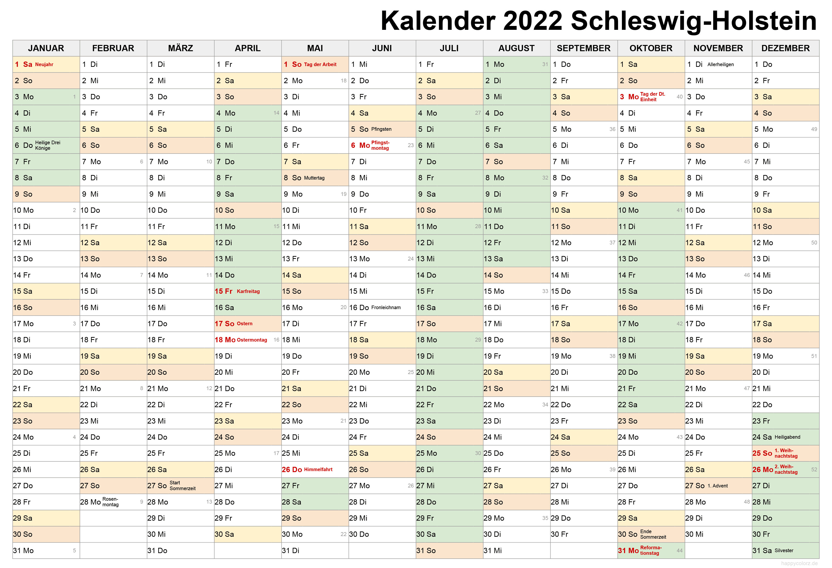 Kalender 2022 Schleswig-Holstein zum Ausdrucken