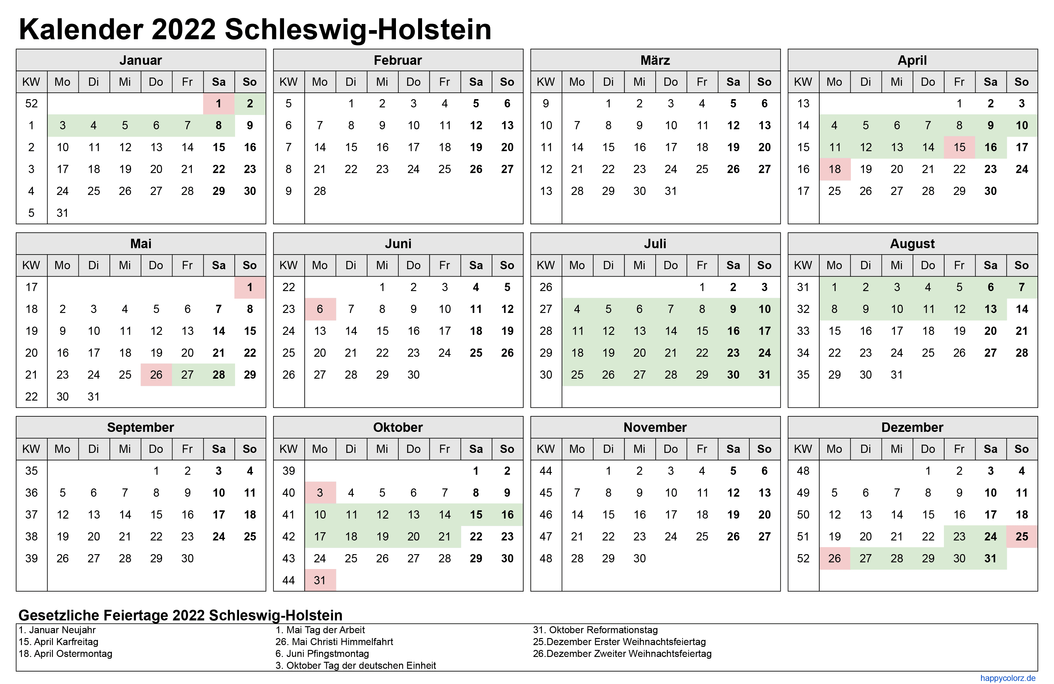 Kalender 2022 Schleswig-Holstein zum Ausdrucken