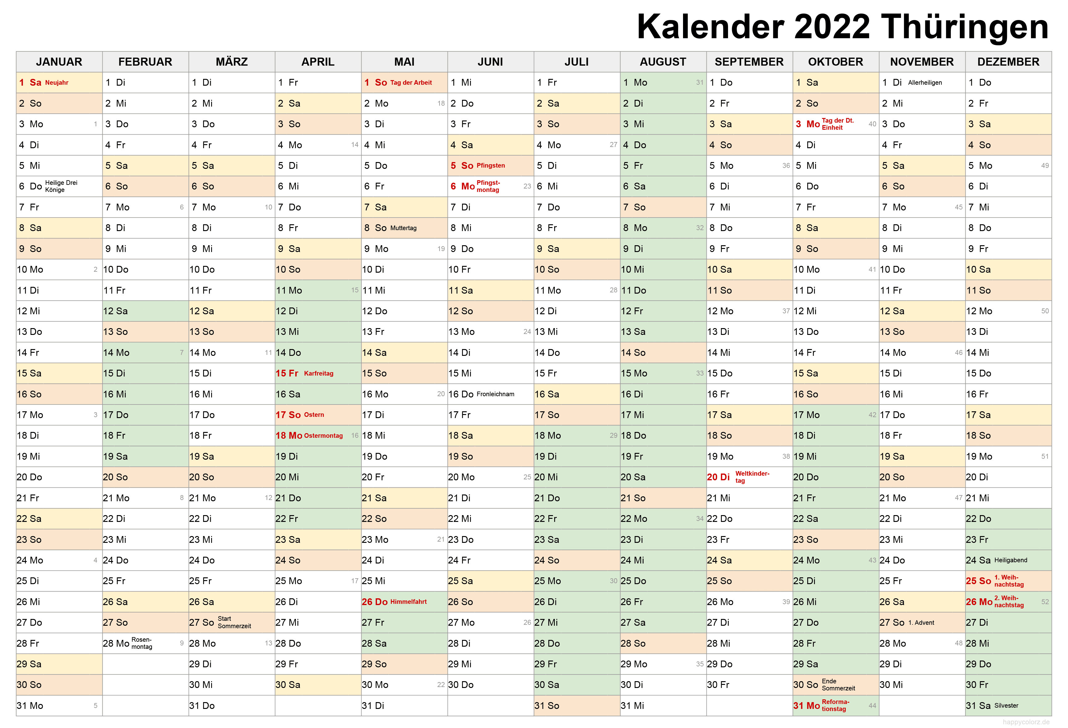 Kalender 2022 Thüringen zum Ausdrucken