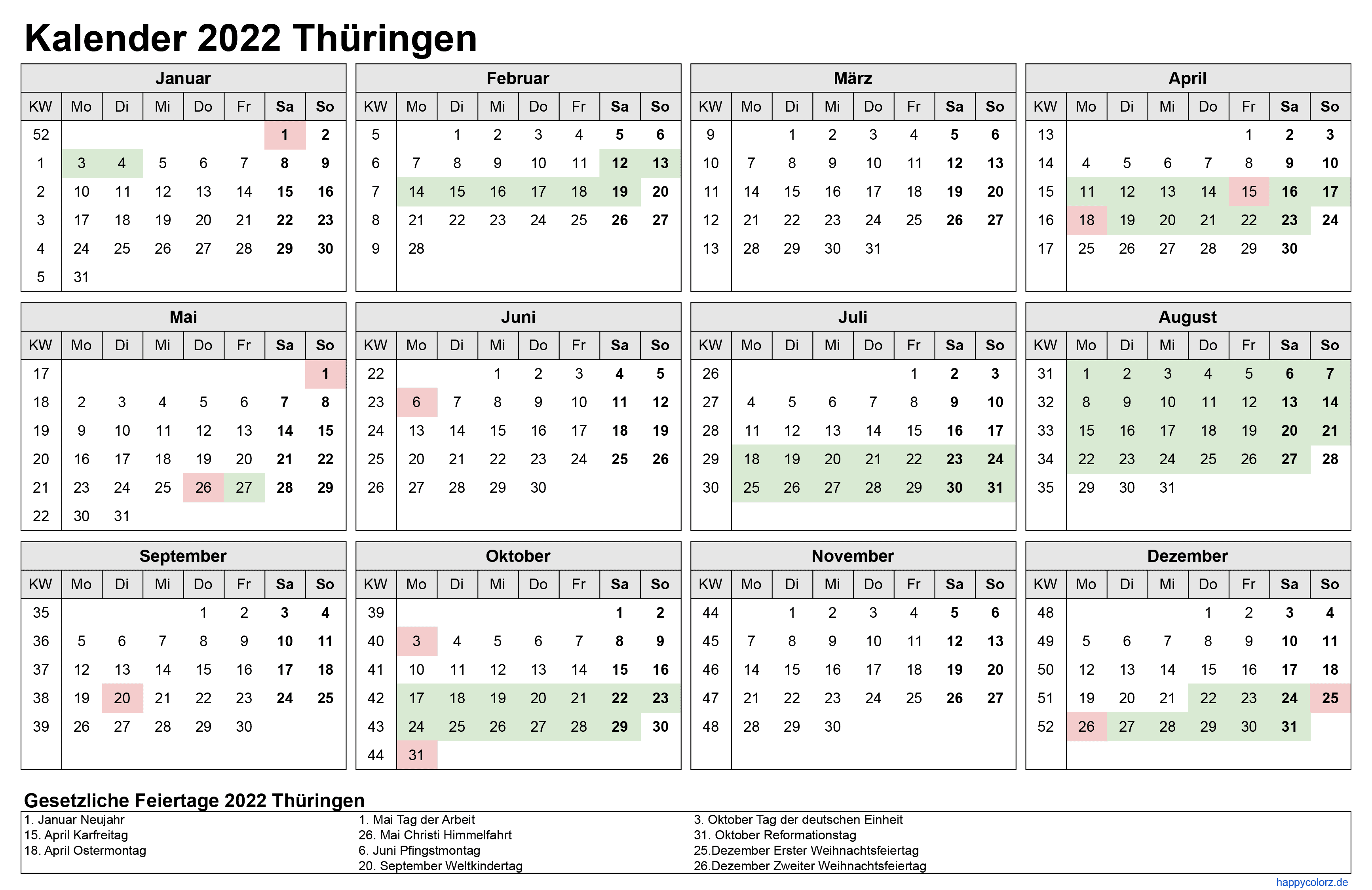 Kalender 2022 Thüringen zum Ausdrucken