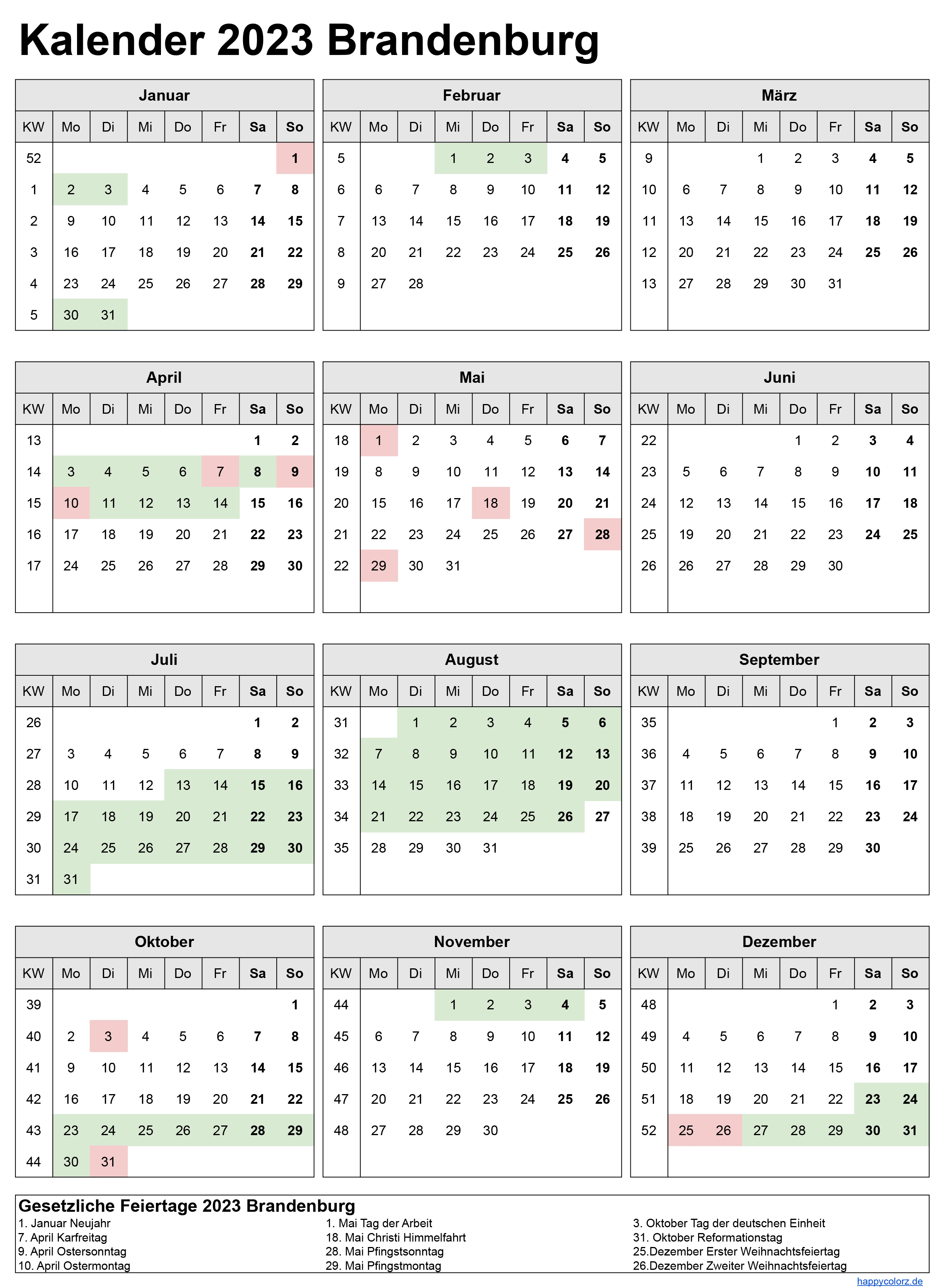 Kalender 2023 Brandenburg zum Ausdrucken