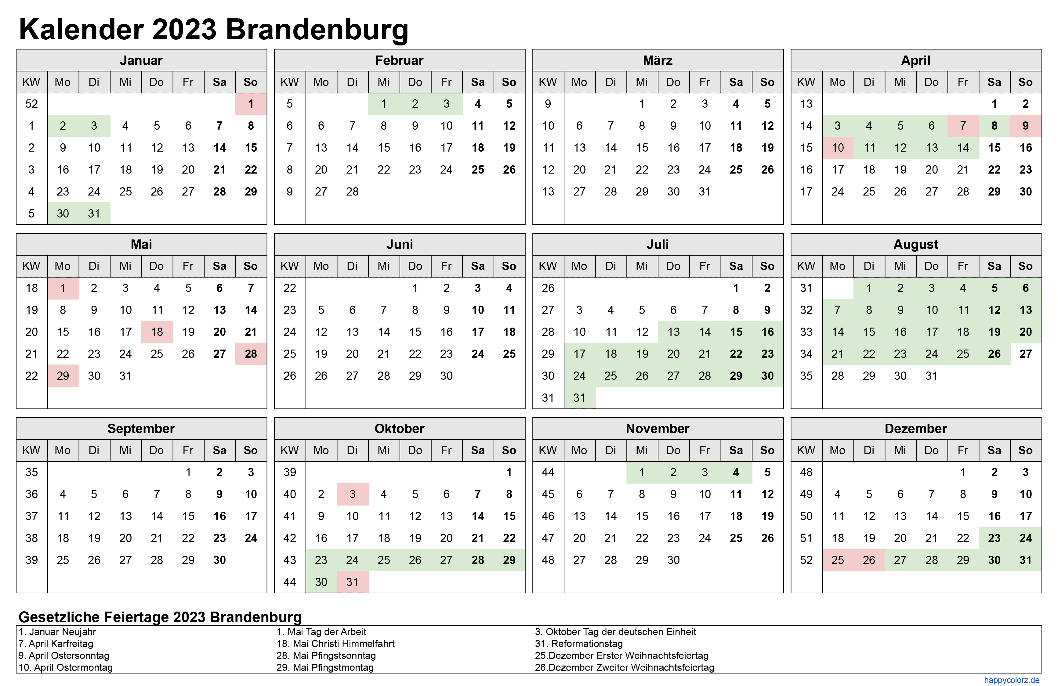 Kalender 2023 Brandenburg zum Ausdrucken