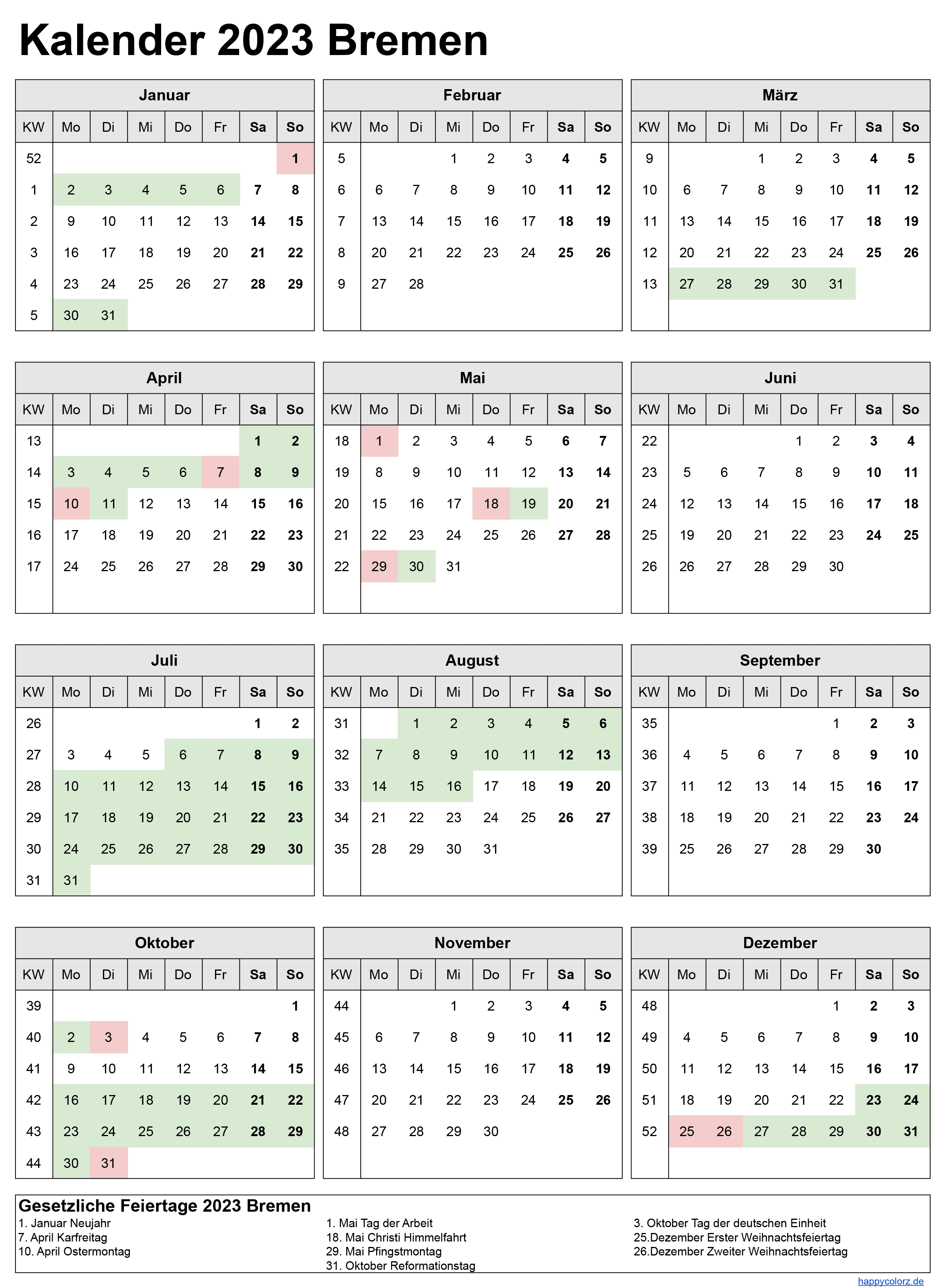 Kalender 2023 Bremen zum Ausdrucken