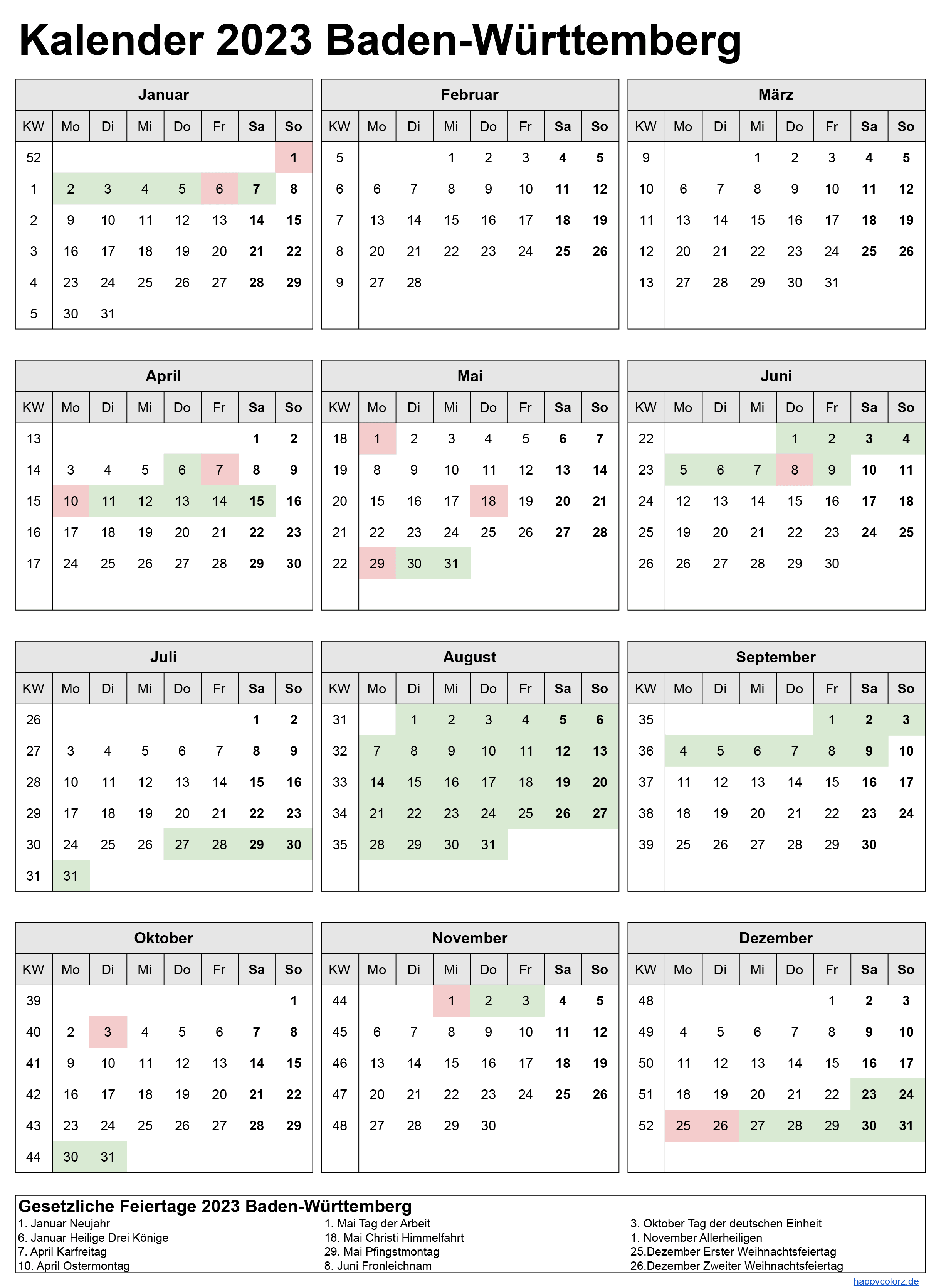 Kalender 2023 Baden-Württemberg zum Ausdrucken
