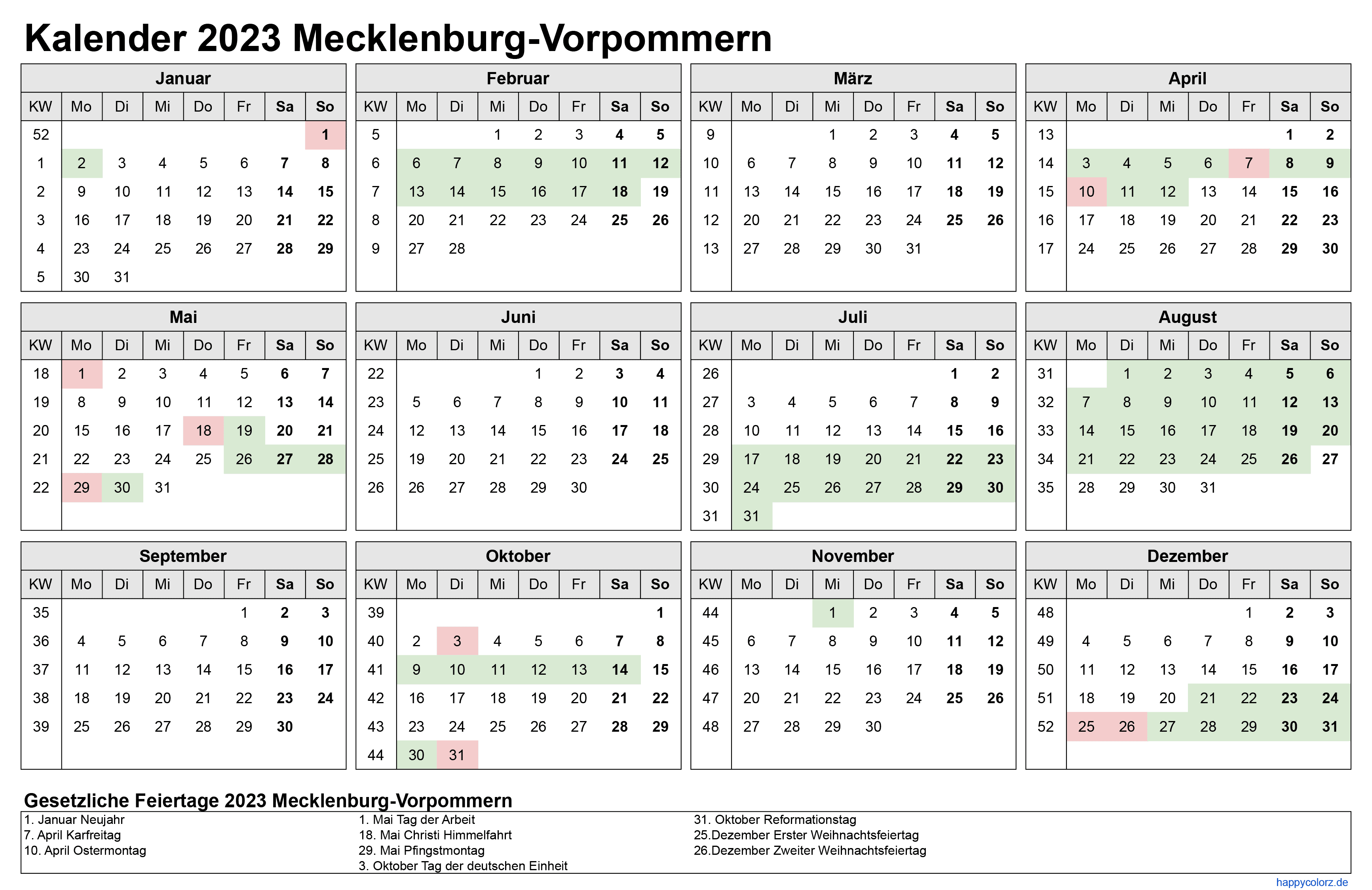 Kalender 2023 Mecklenburg-Vorpommern zum Ausdrucken