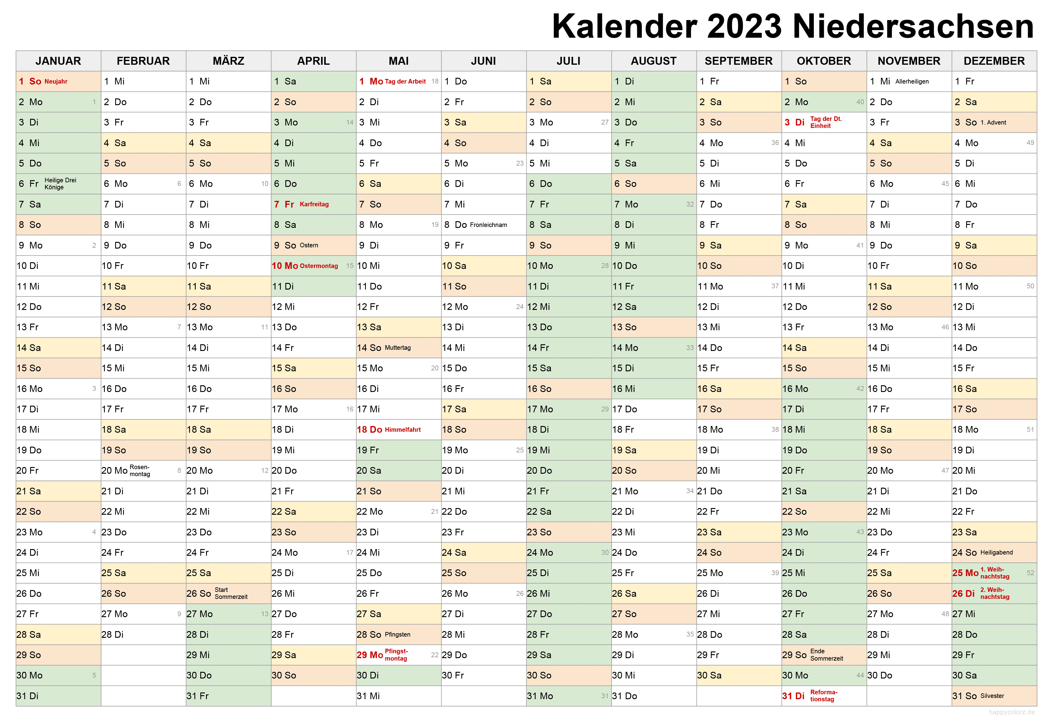 Kalender 2023 und 2024 + Ferien Niedersachsen, Feiertage pdf, xls und