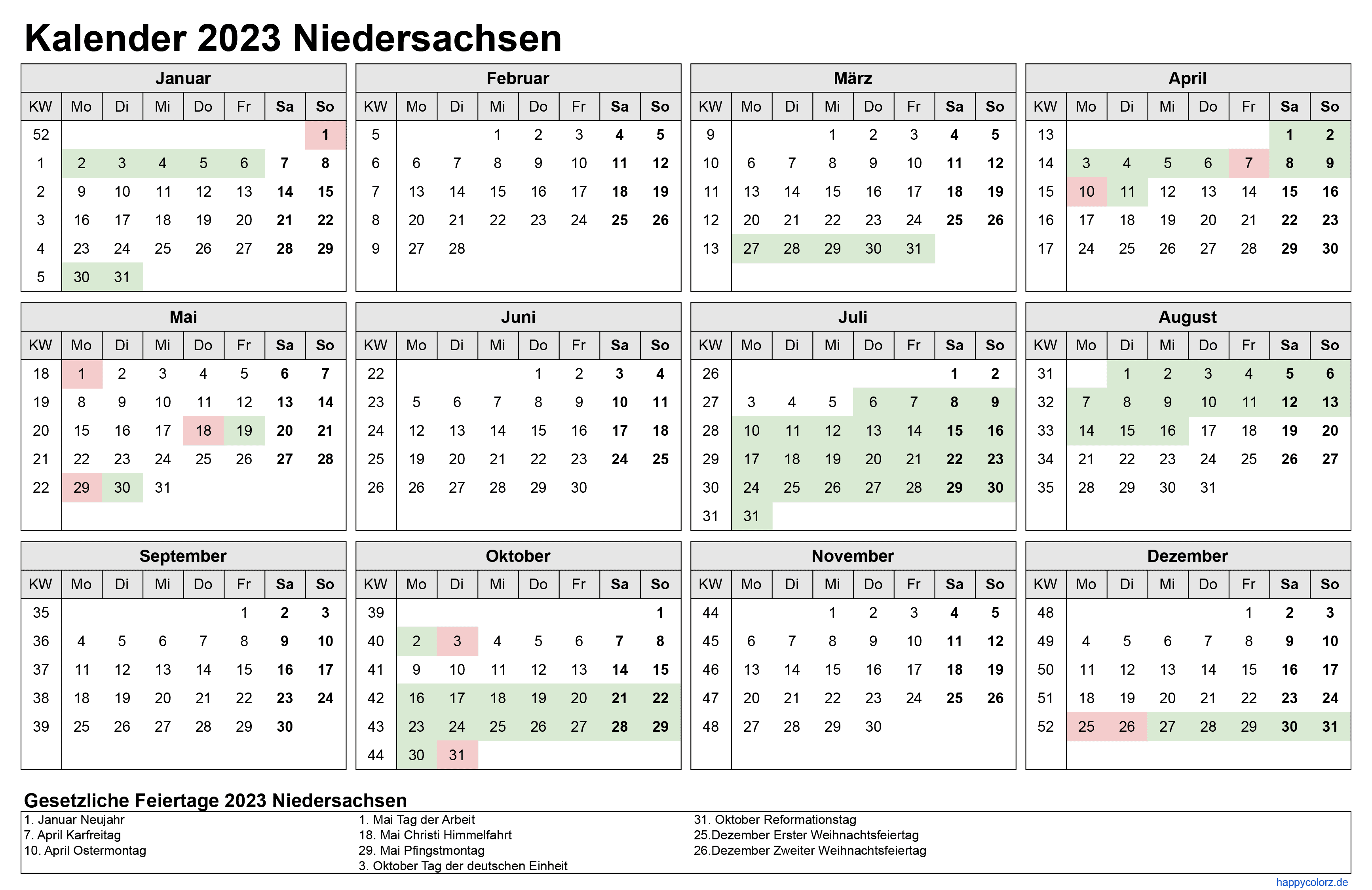 Kalender 2023 Niedersachsen zum Ausdrucken