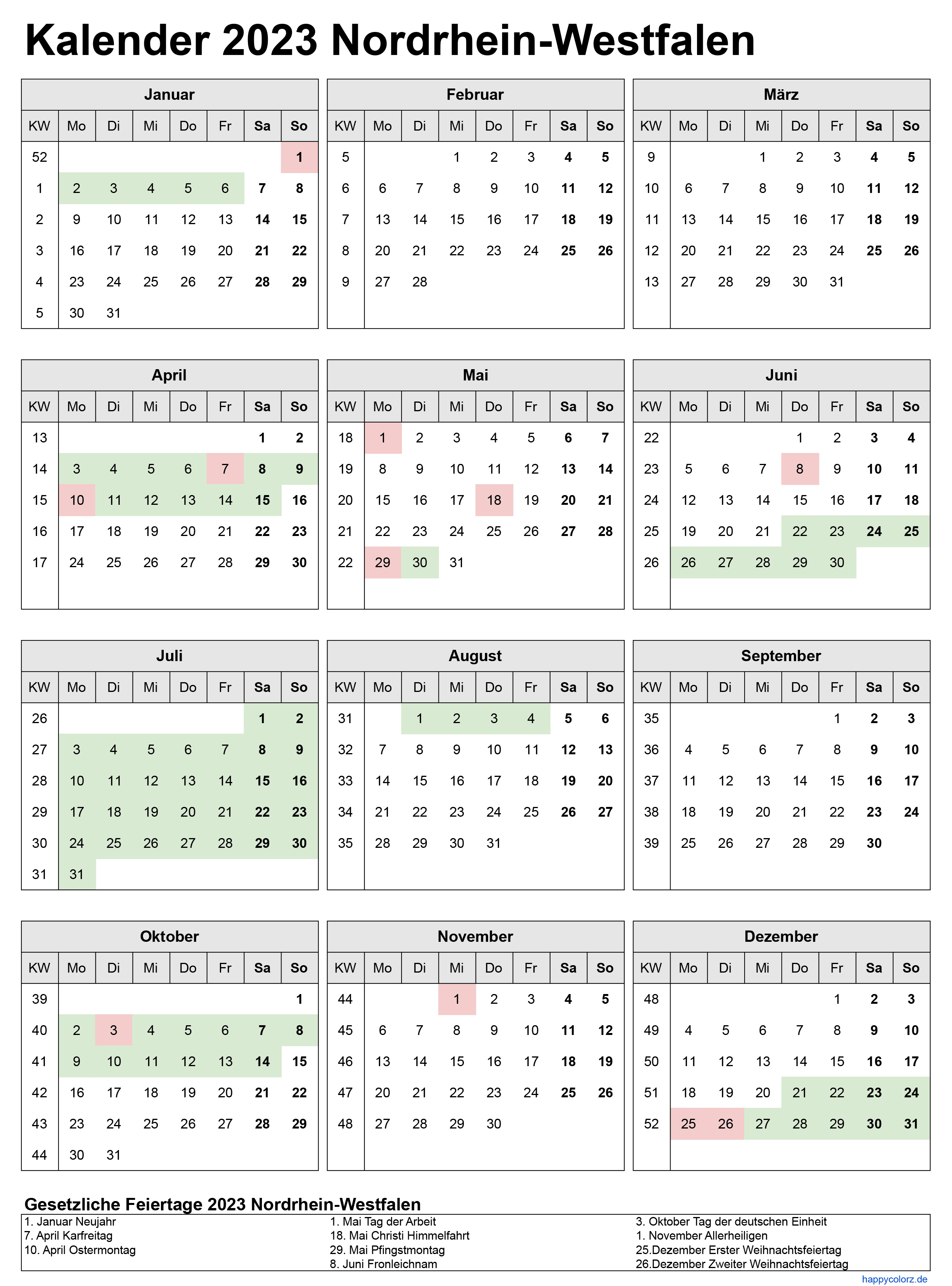 Kalender 2023 NRW zum Ausdrucken