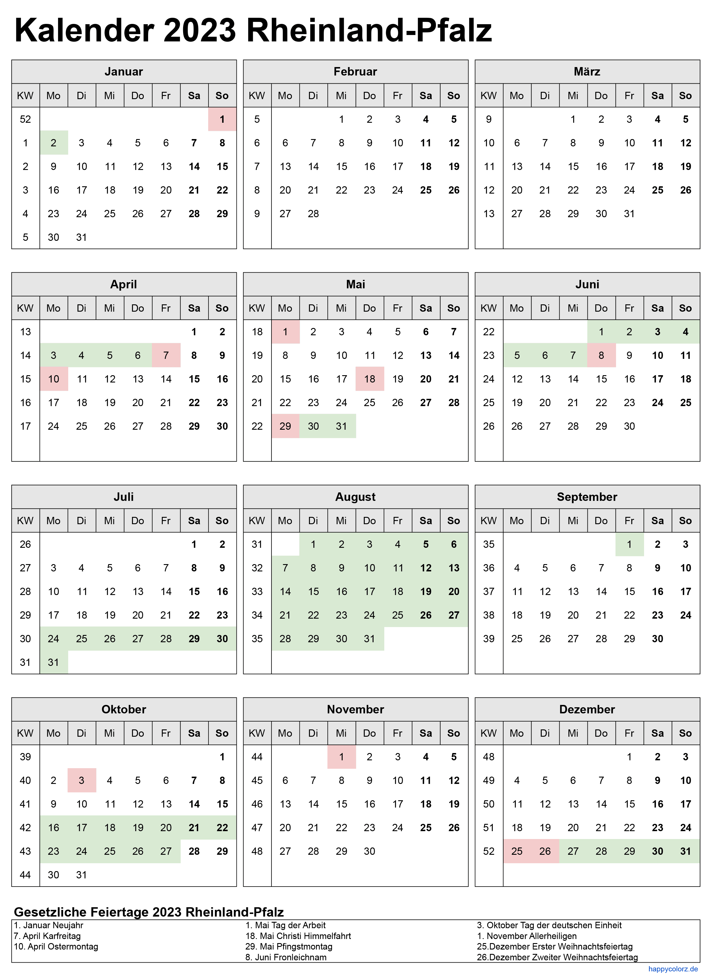 Kalender 2023 Rheinland-Pfalz zum Ausdrucken