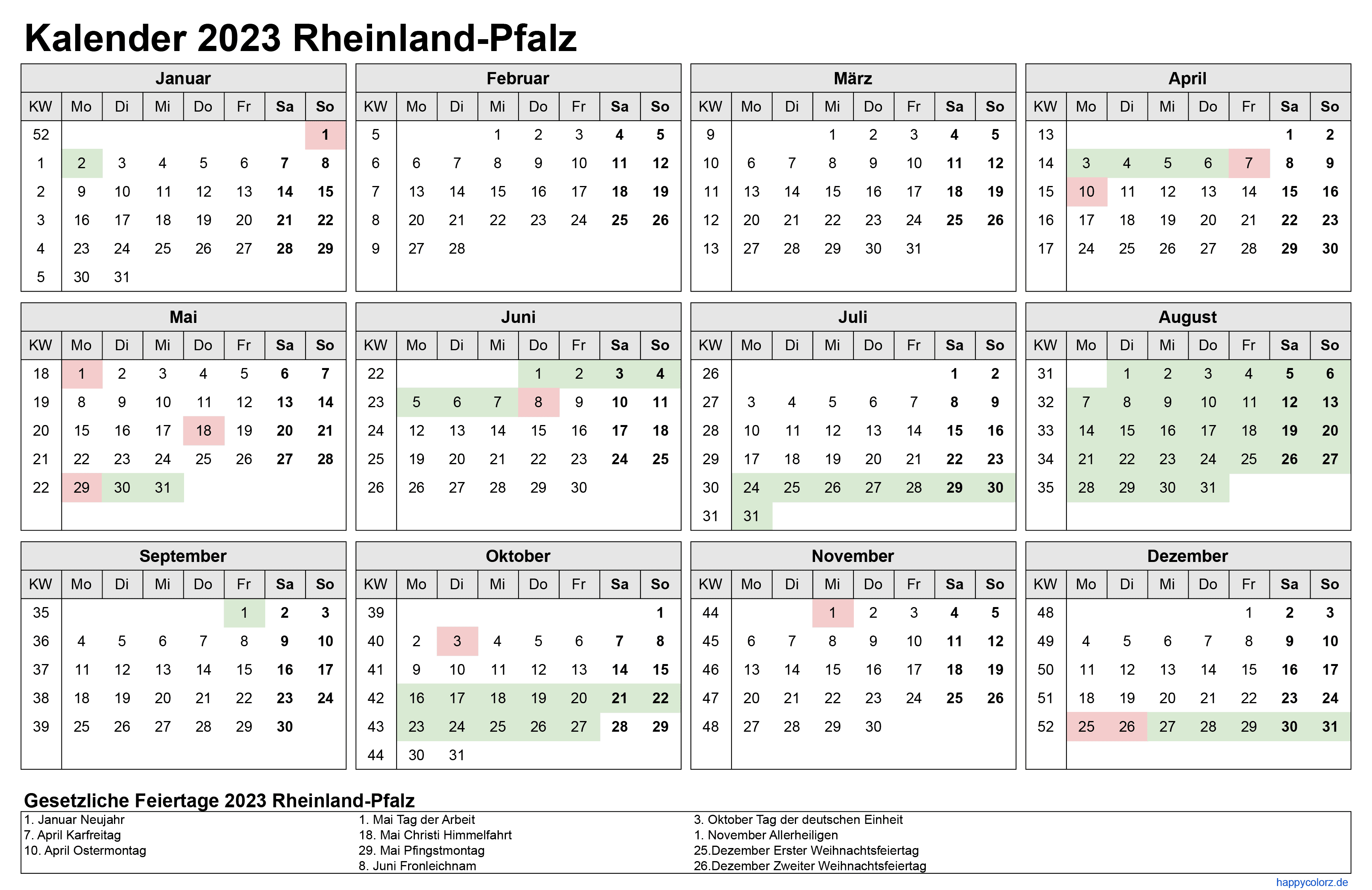 Kalender 2023 Rheinland-Pfalz zum Ausdrucken