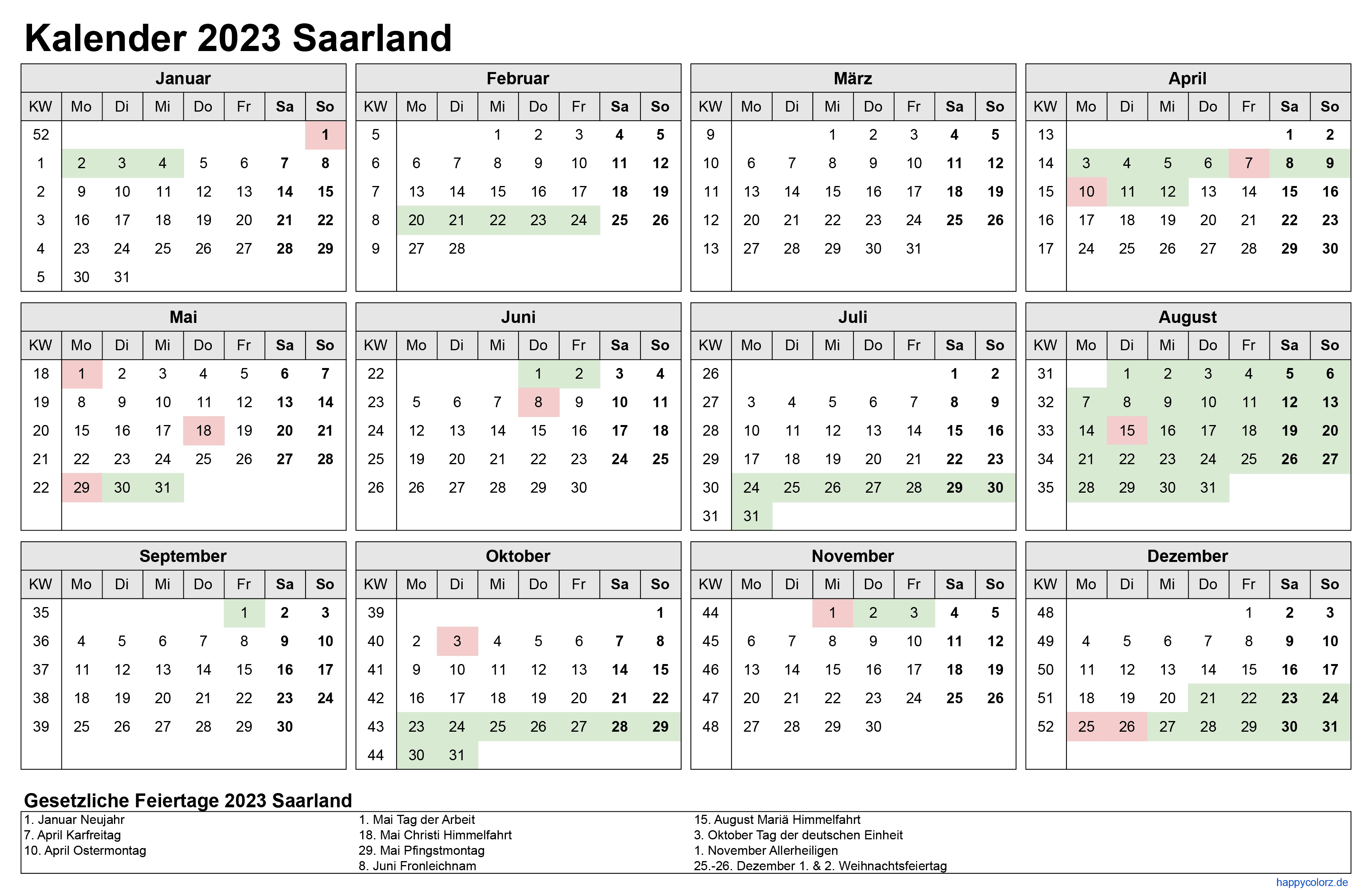 Kalender 2023 Saarland zum Ausdrucken