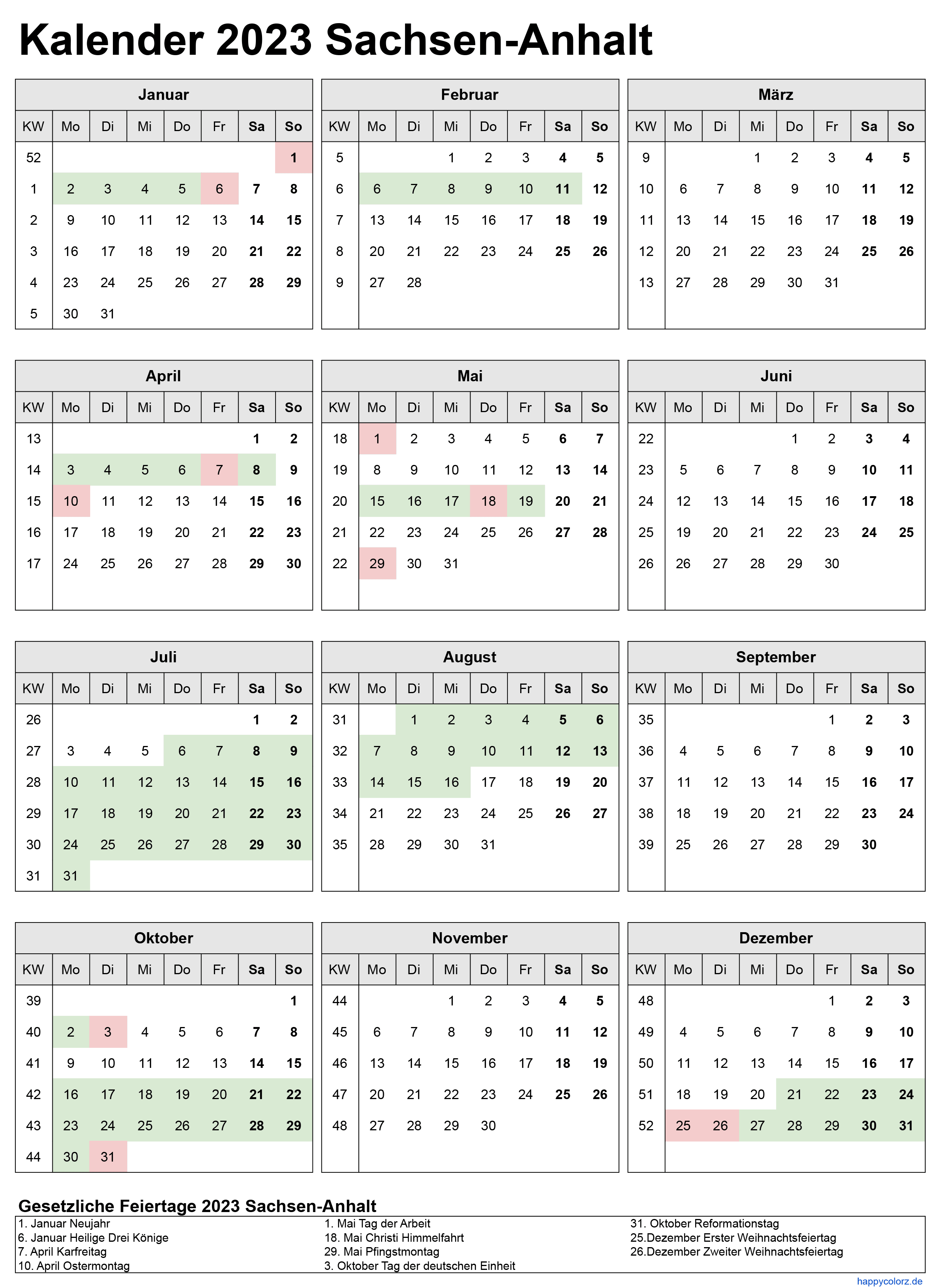 Kalender 2023 Sachsen-Anhalt zum Ausdrucken
