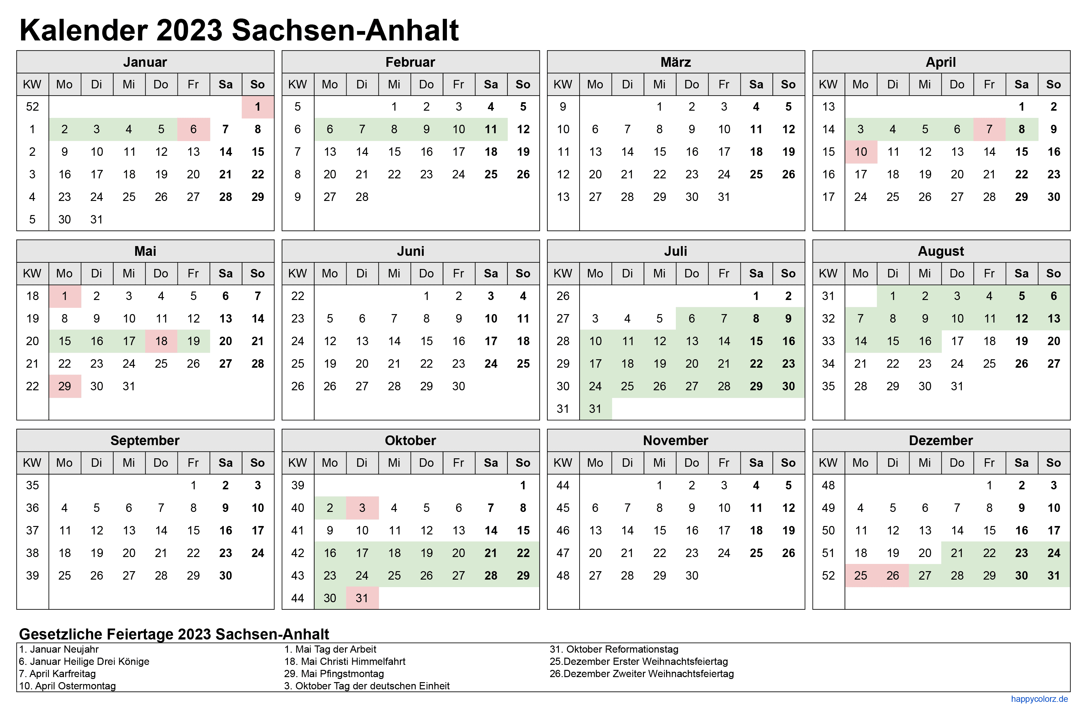 Kalender 2023 Sachsen-Anhalt zum Ausdrucken