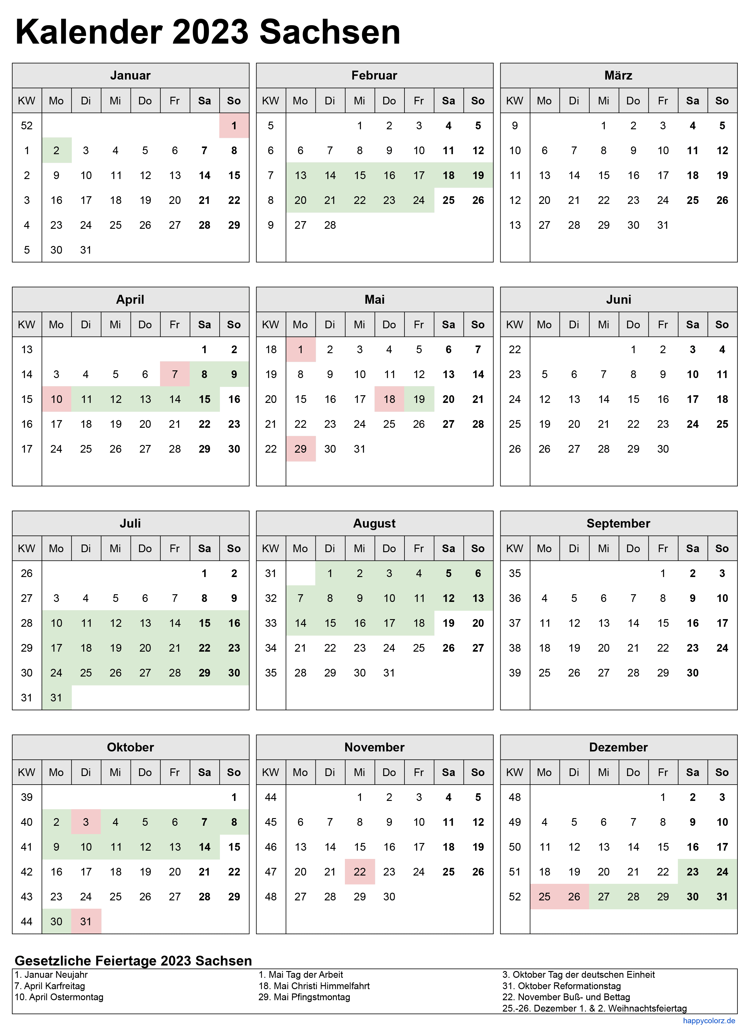Kalender 2023 Sachsen zum Ausdrucken