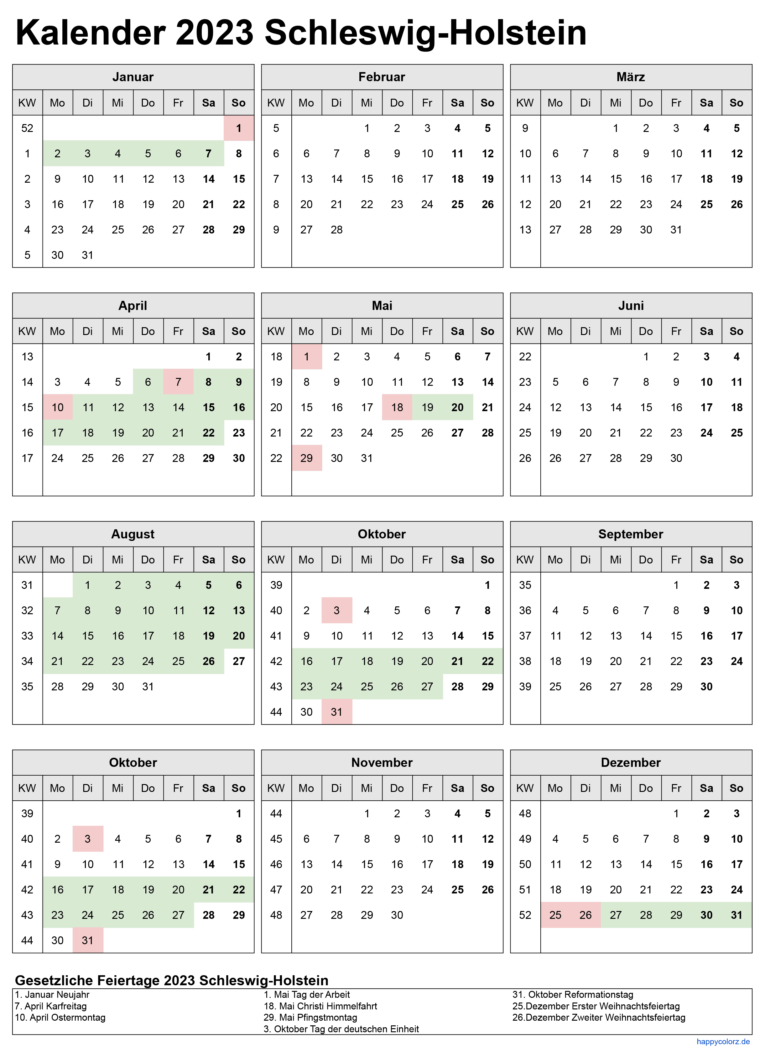 Kalender 2023 Schleswig-Holstein zum Ausdrucken