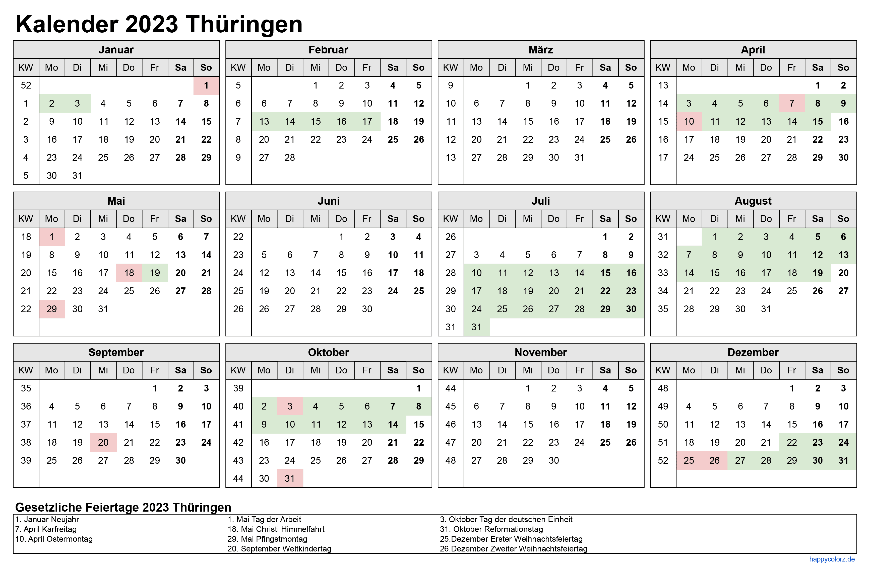 Kalender 2023 Thüringen zum Ausdrucken