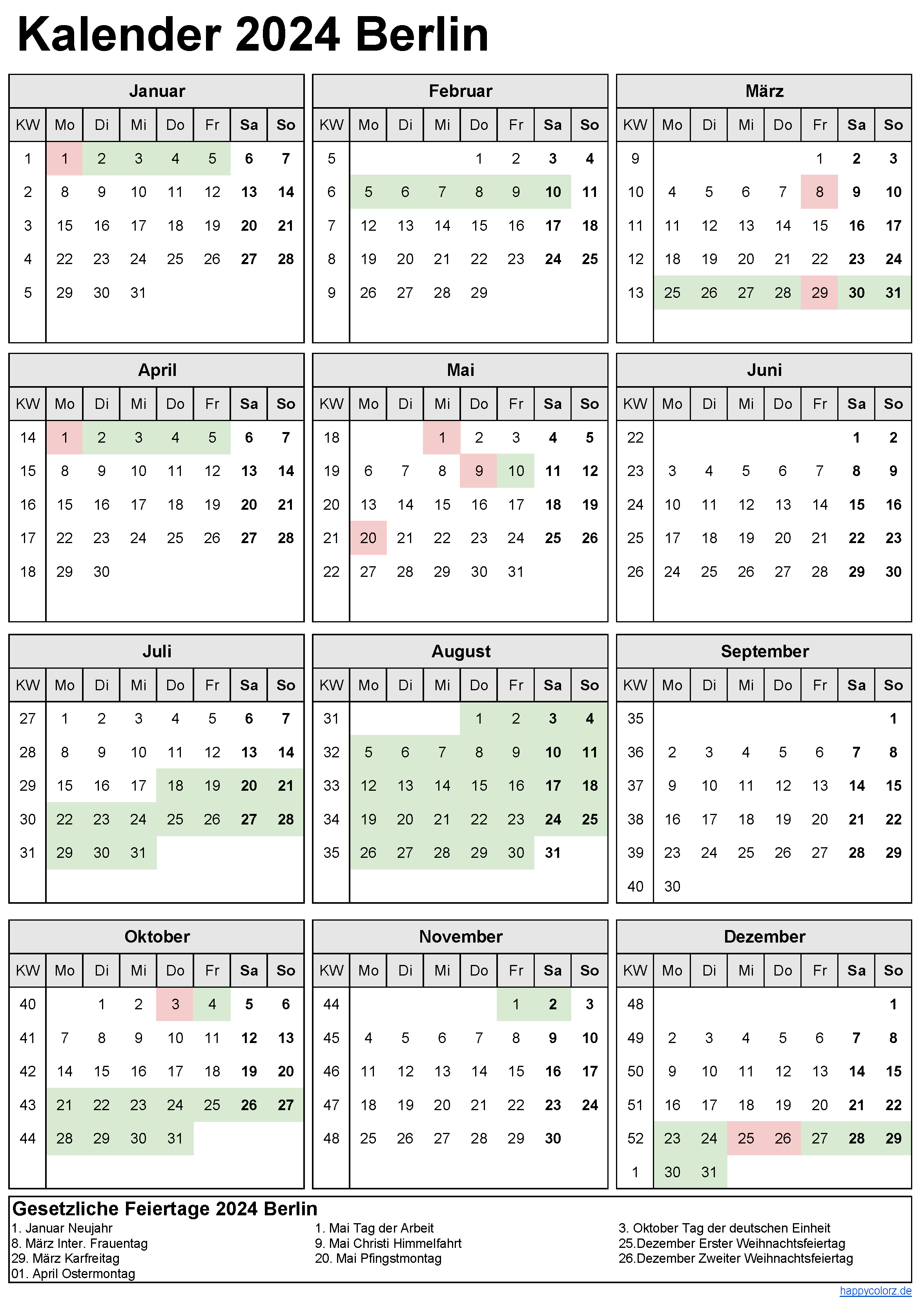 Kalender 2023 und 2024 + Ferien Berlin, Feiertage pdf, xls und png