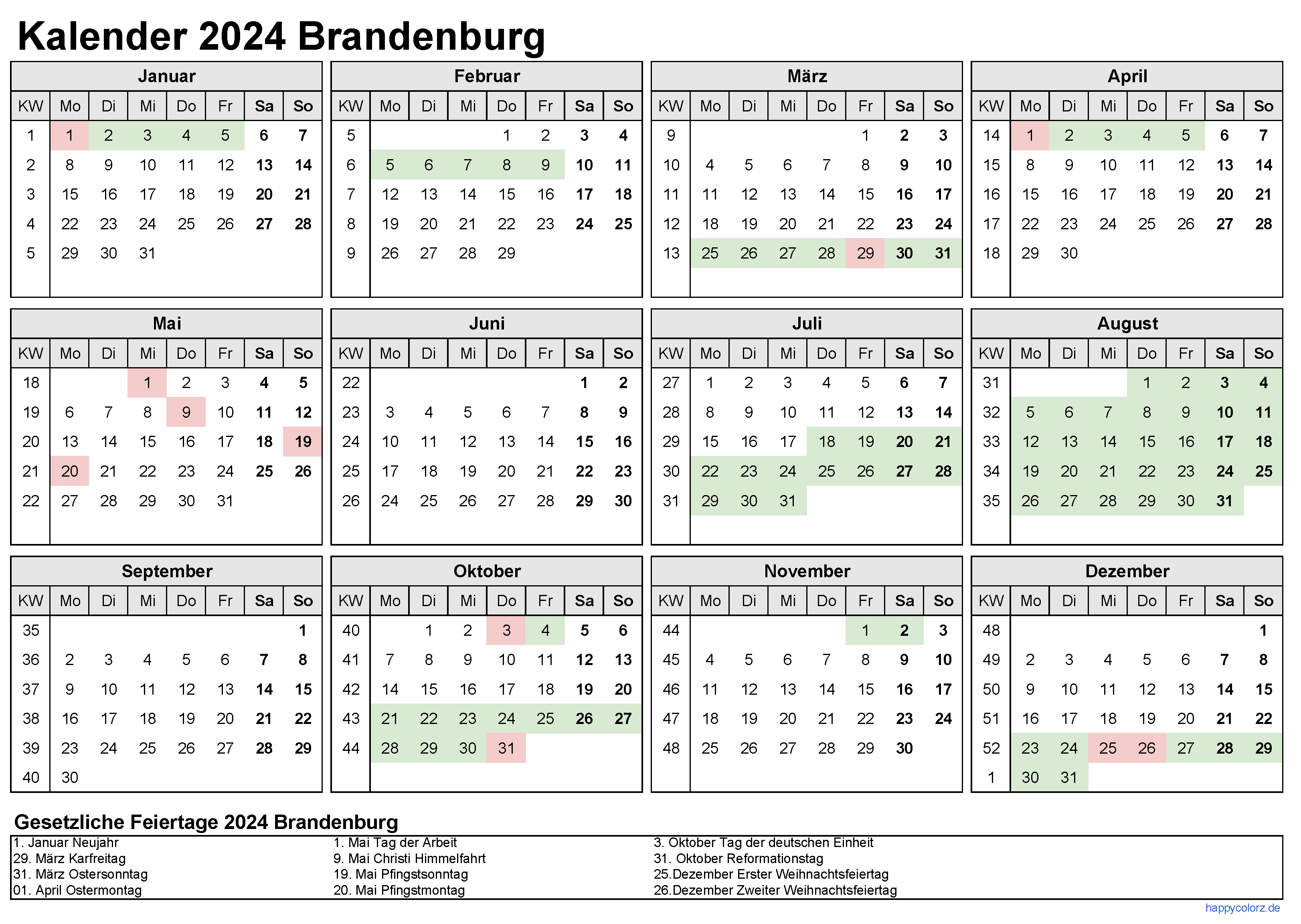 Kalender 2024 Brandenburg zum Ausdrucken