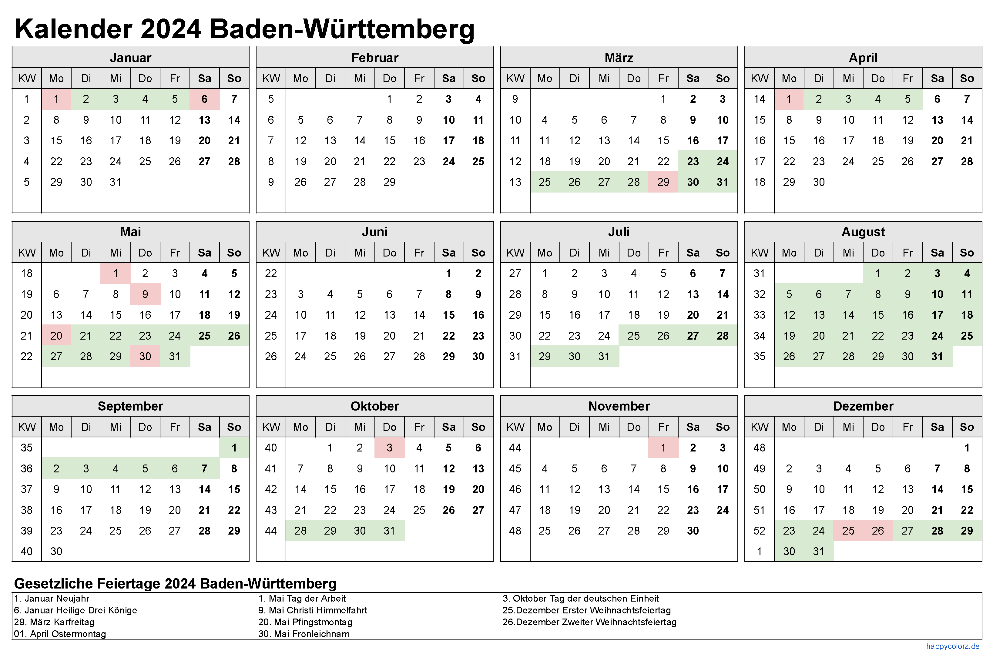Kalender 2024 Baden-Württemberg zum Ausdrucken