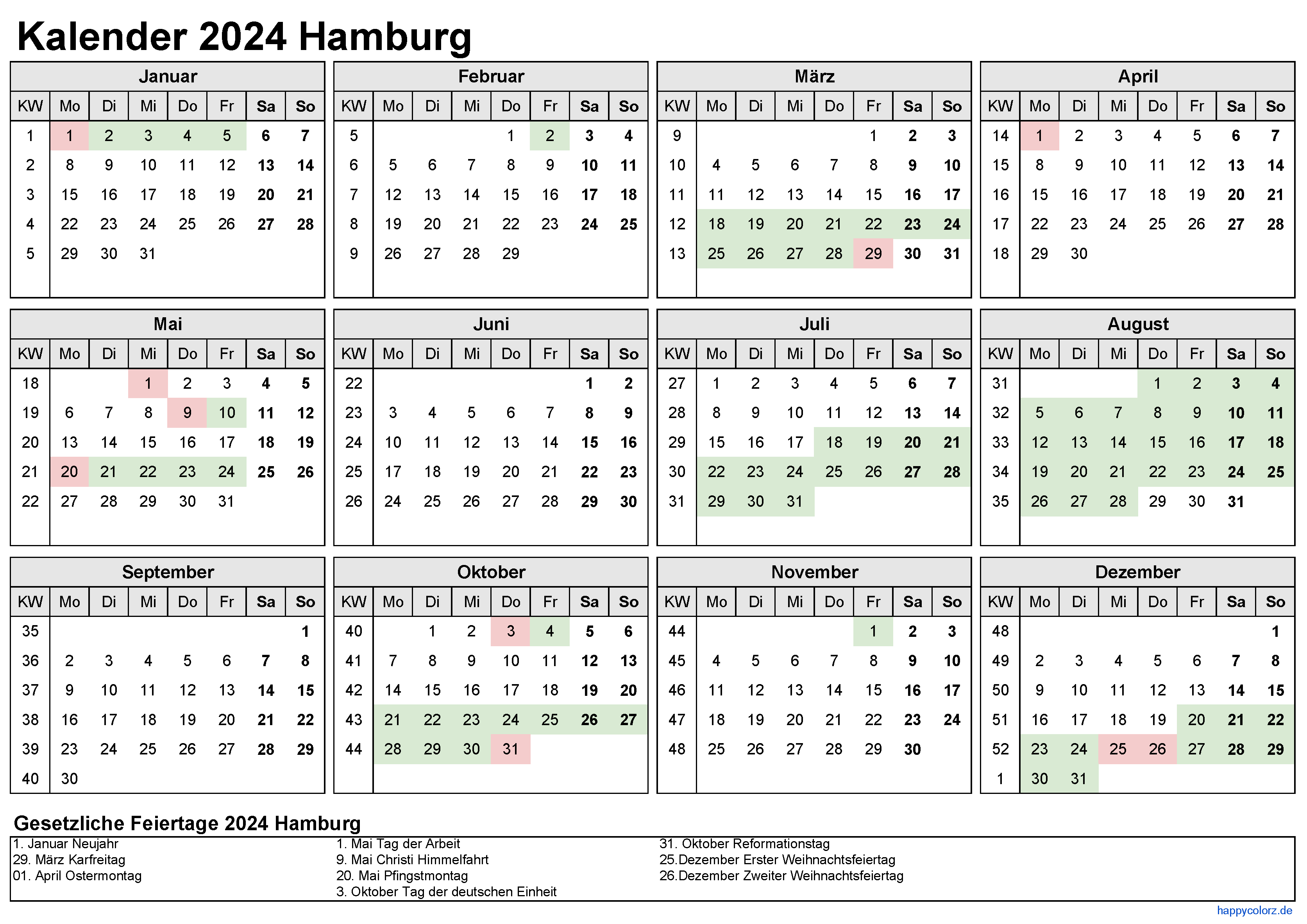 Kalender 2024 Hamburg zum Ausdrucken