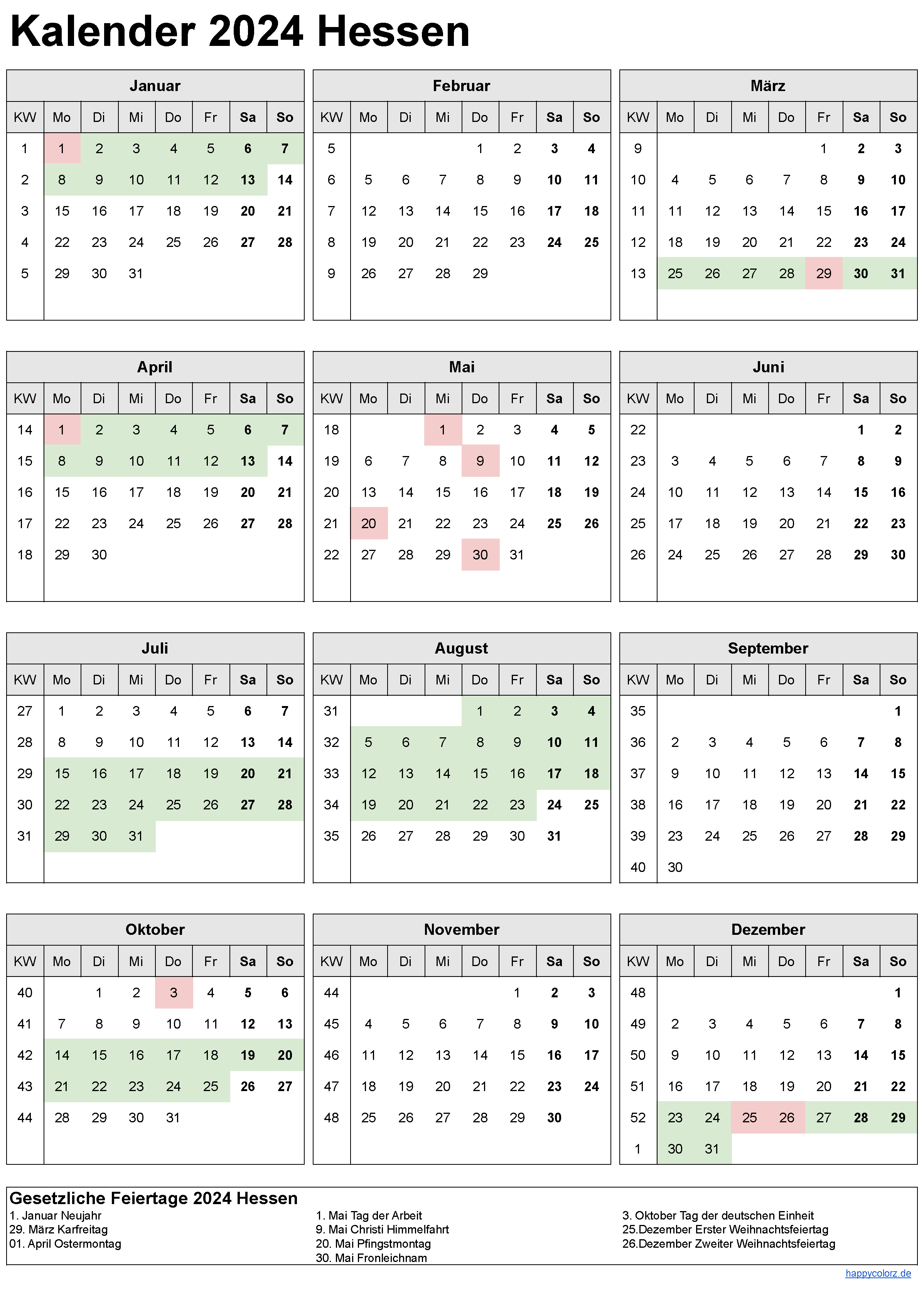 Kalender 2024 Hessen zum Ausdrucken