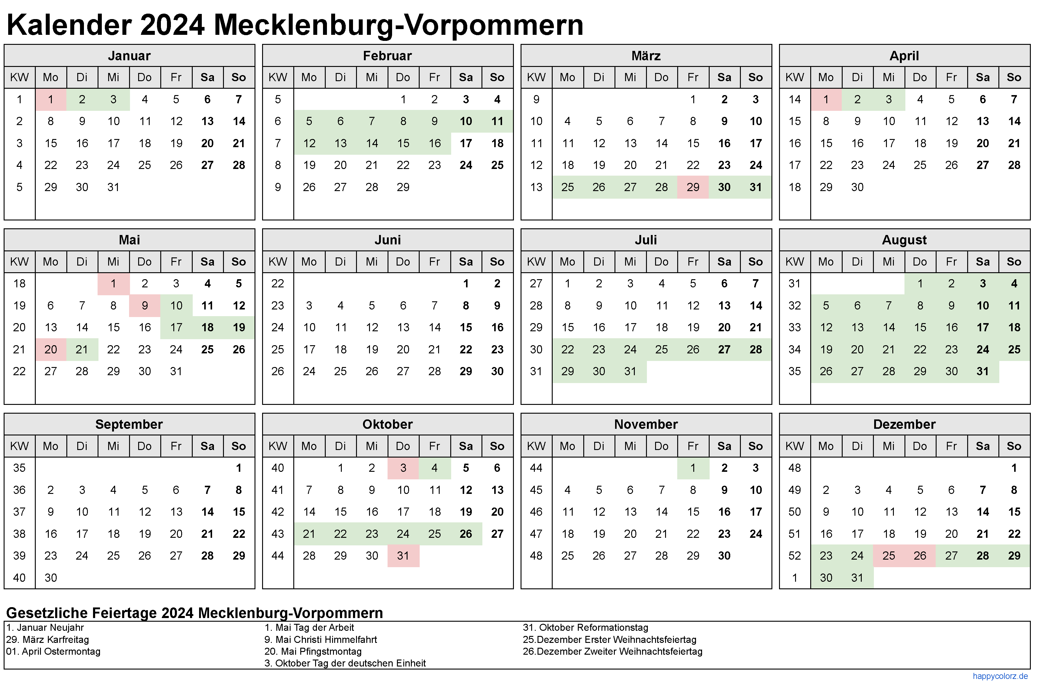 Kalender 2024 Mecklenburg-Vorpommern zum Ausdrucken