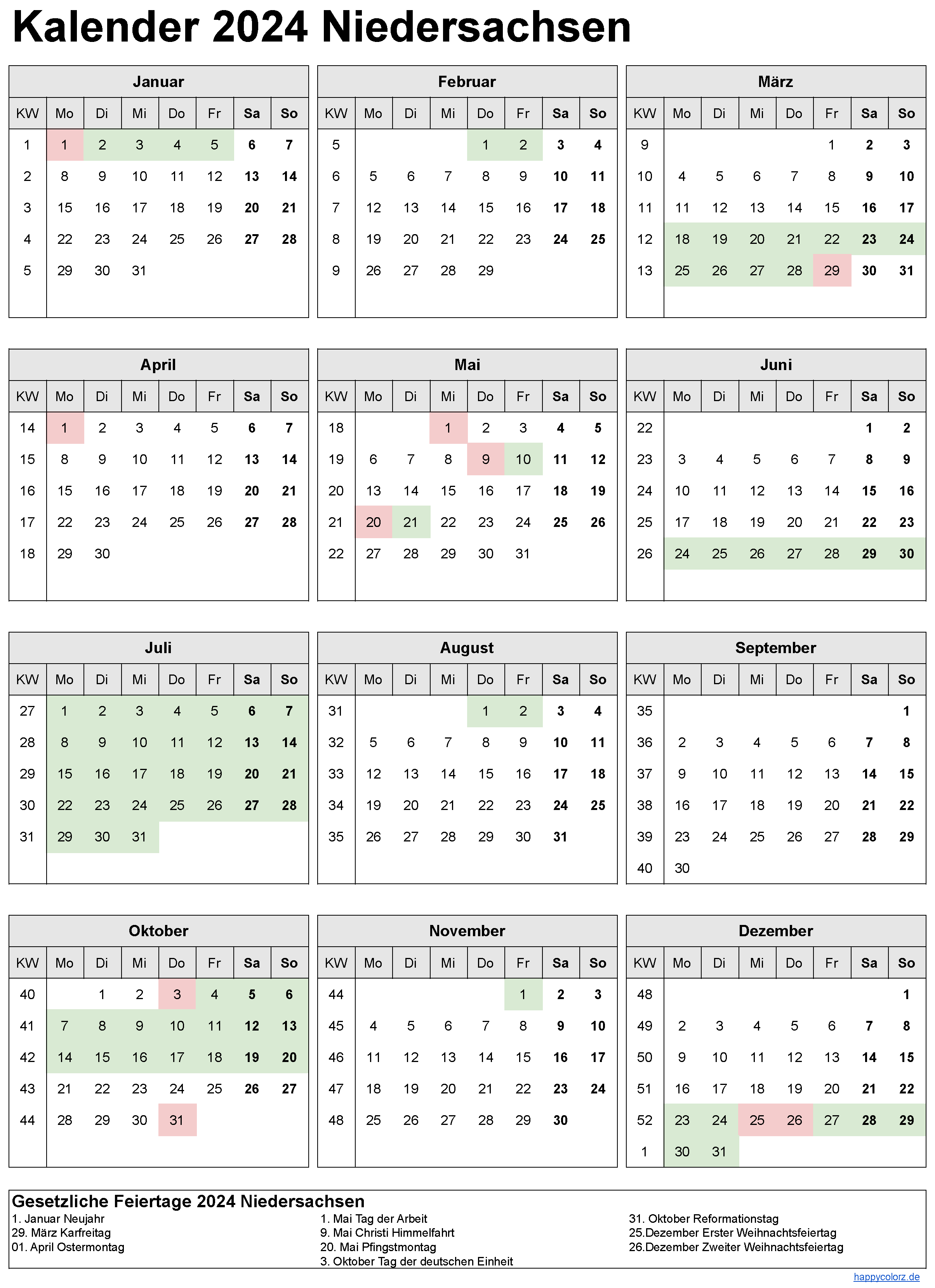 Kalender 2024 Niedersachsen zum Ausdrucken
