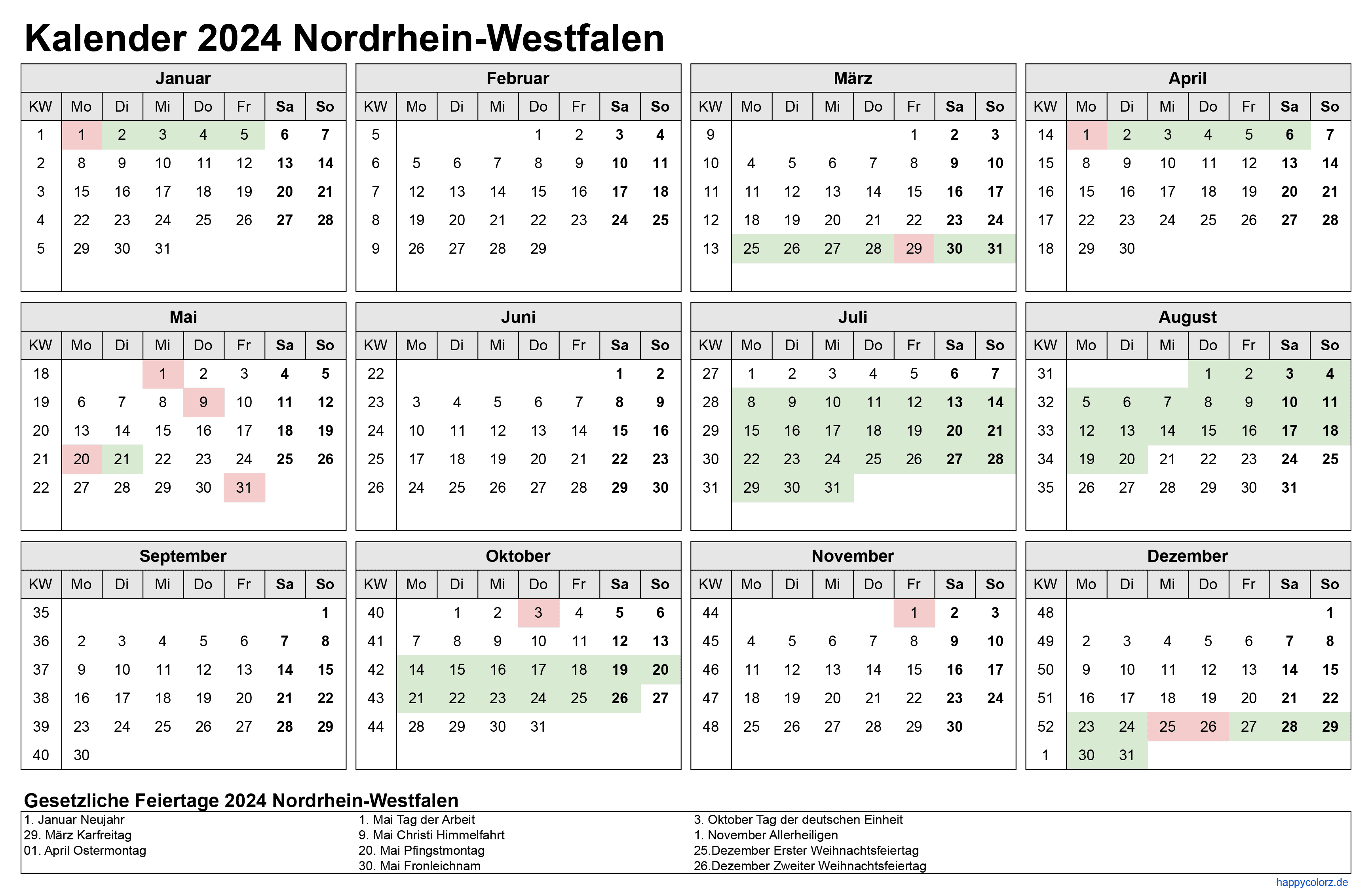 Kalender 2024 NRW zum Ausdrucken