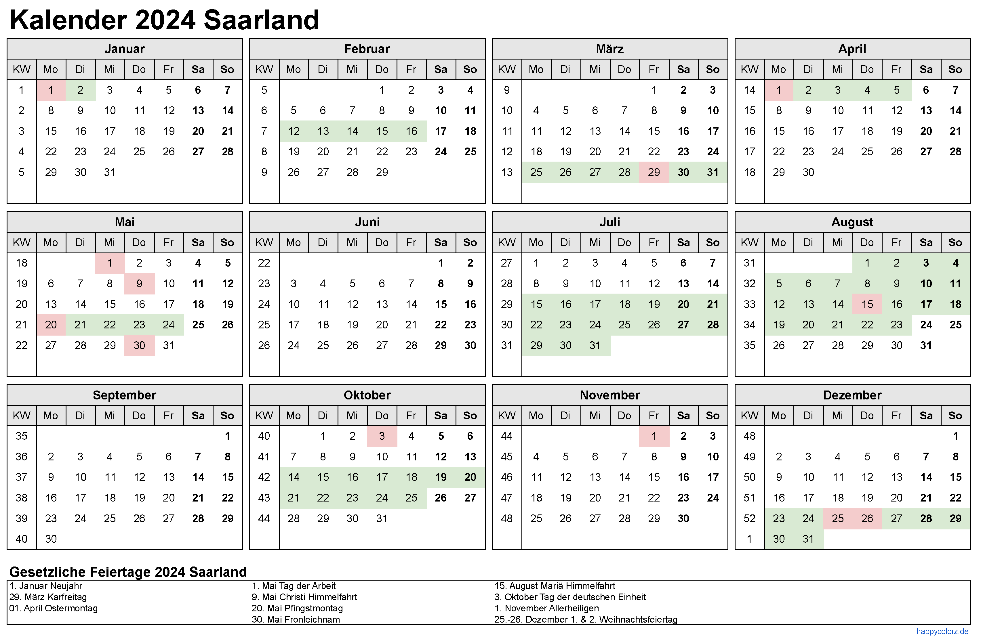 Kalender 2024 Saarland zum Ausdrucken