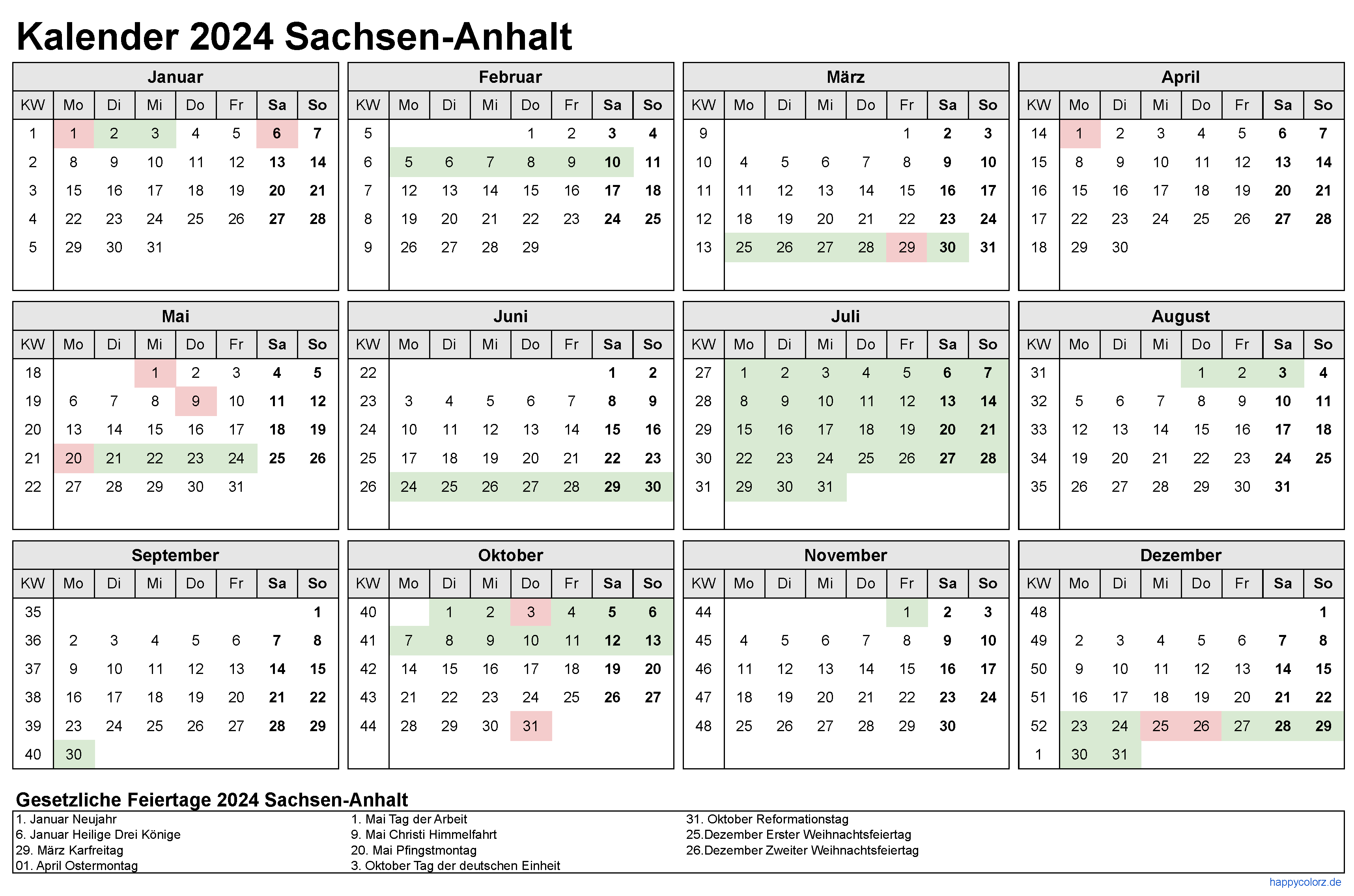 Kalender 2024 Sachsen-Anhalt zum Ausdrucken