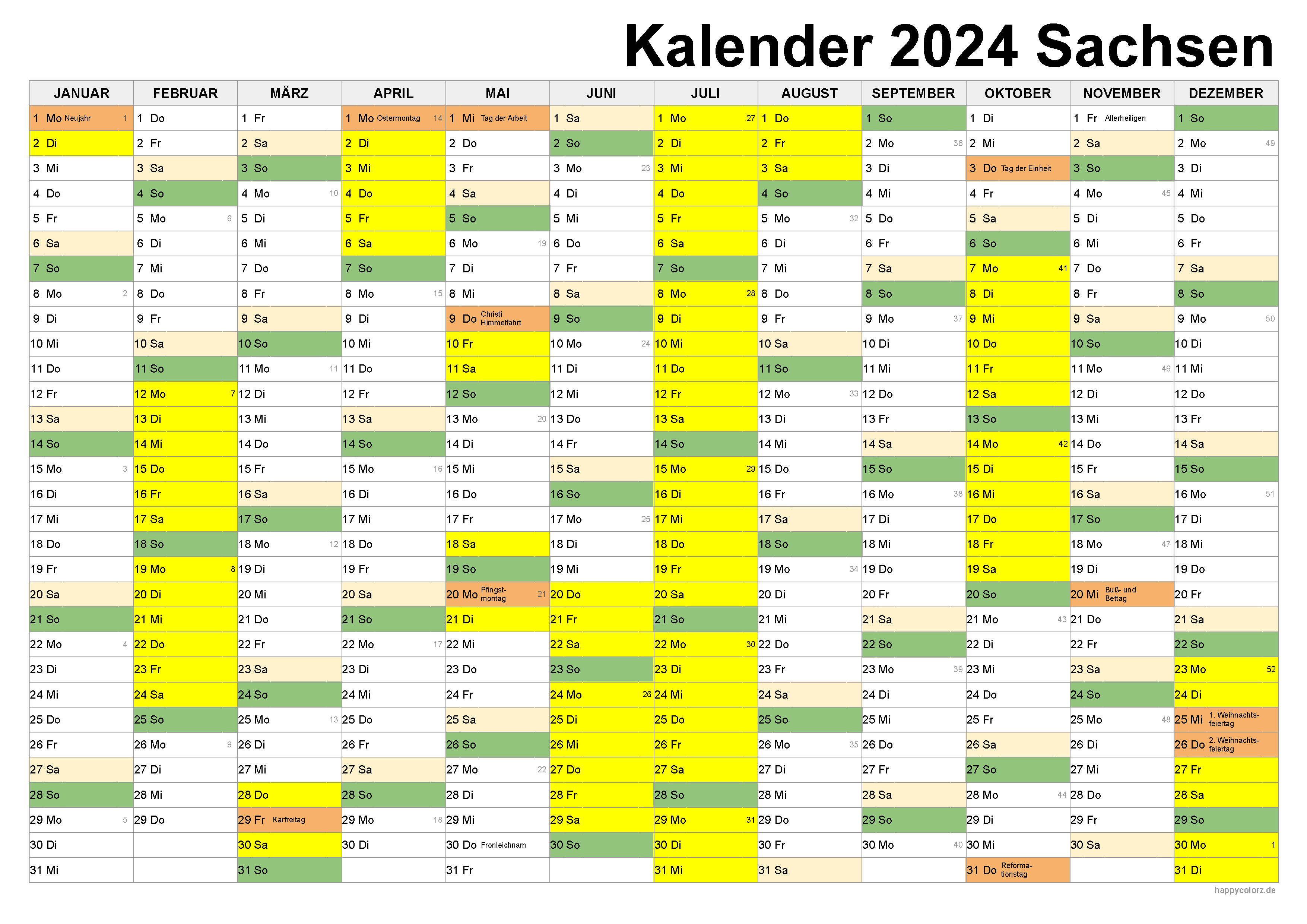 Kalender 2024 Sachsen zum Ausdrucken