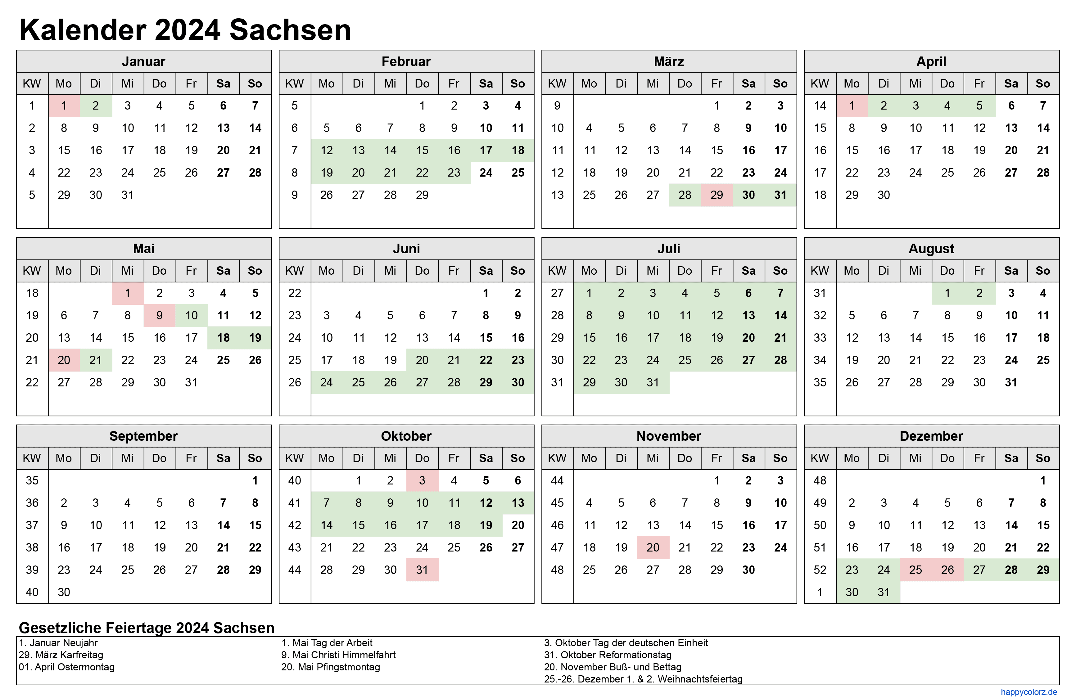 Kalender 2024 Sachsen zum Ausdrucken