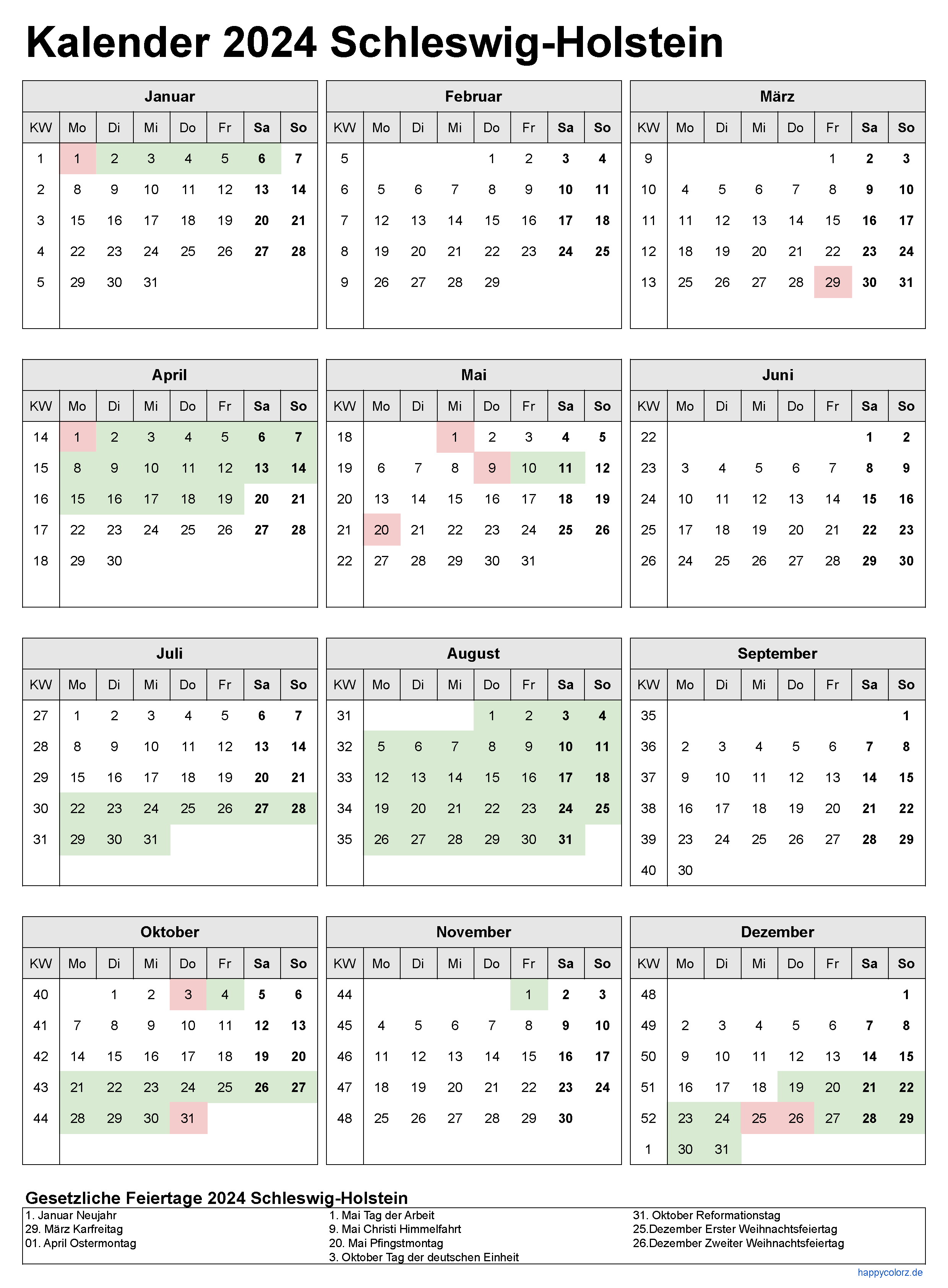 Kalender 2024 Schleswig-Holstein zum Ausdrucken