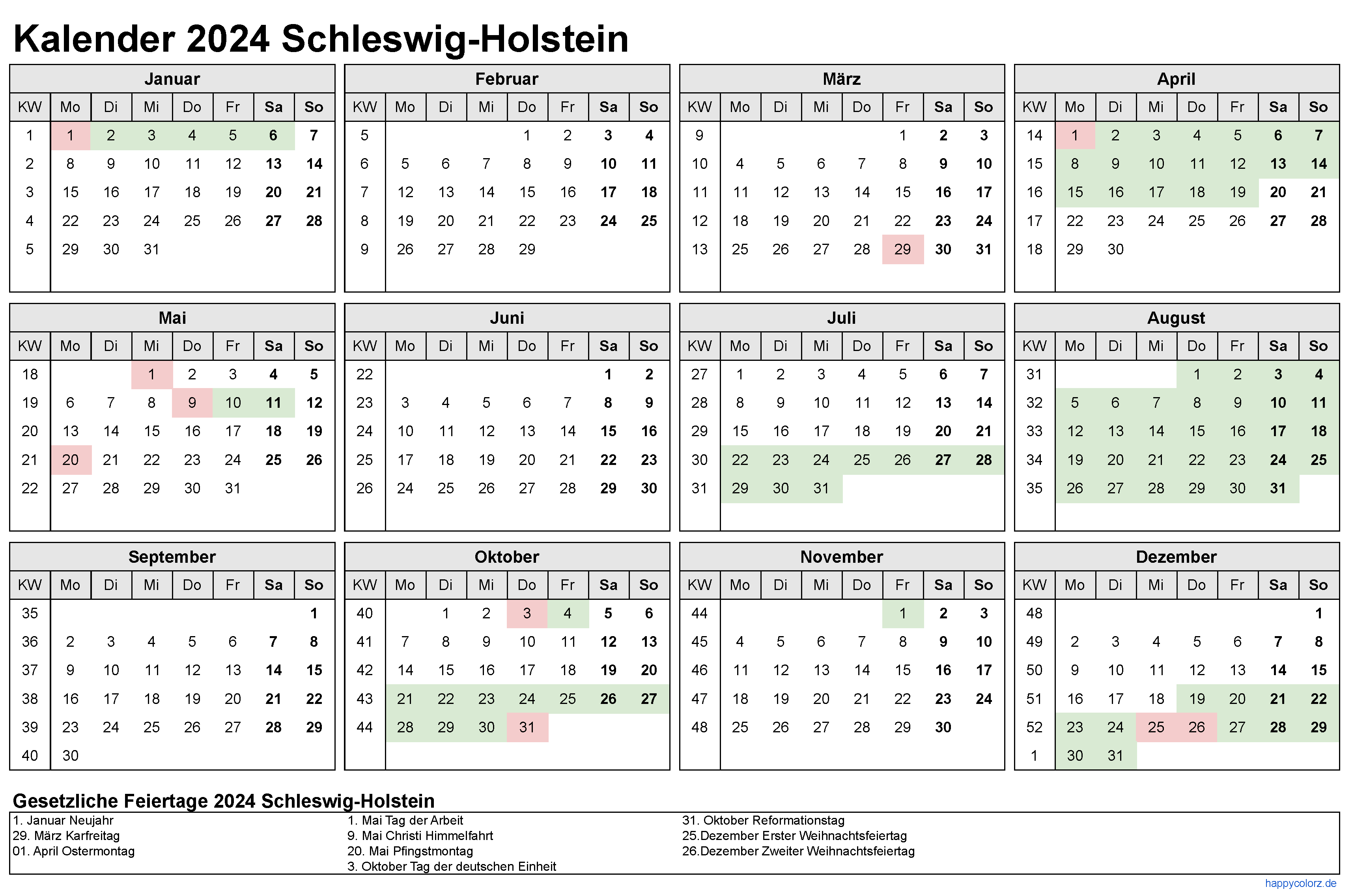 Kalender 2024 Schleswig-Holstein zum Ausdrucken