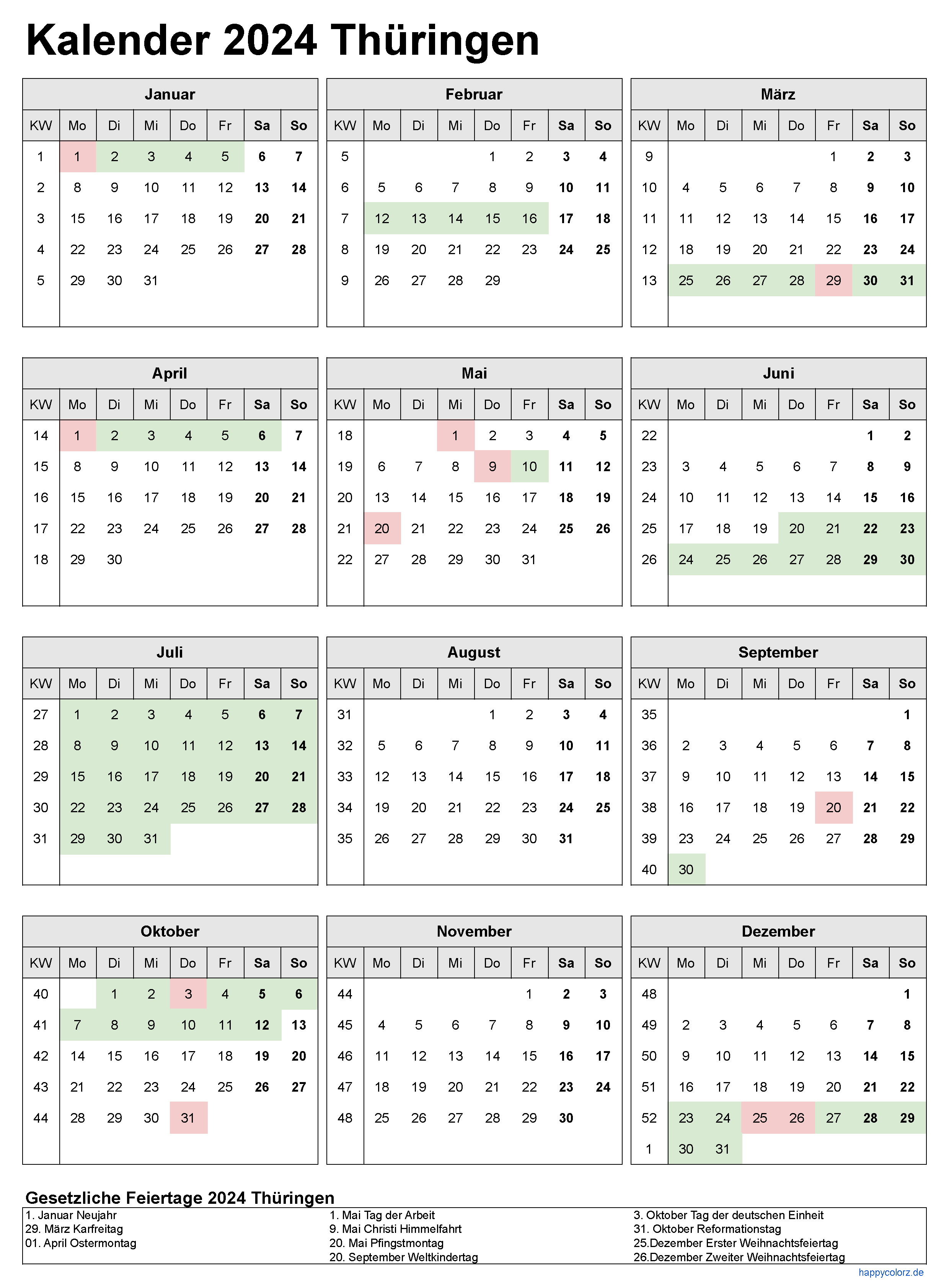 Kalender 2024 Thüringen zum Ausdrucken