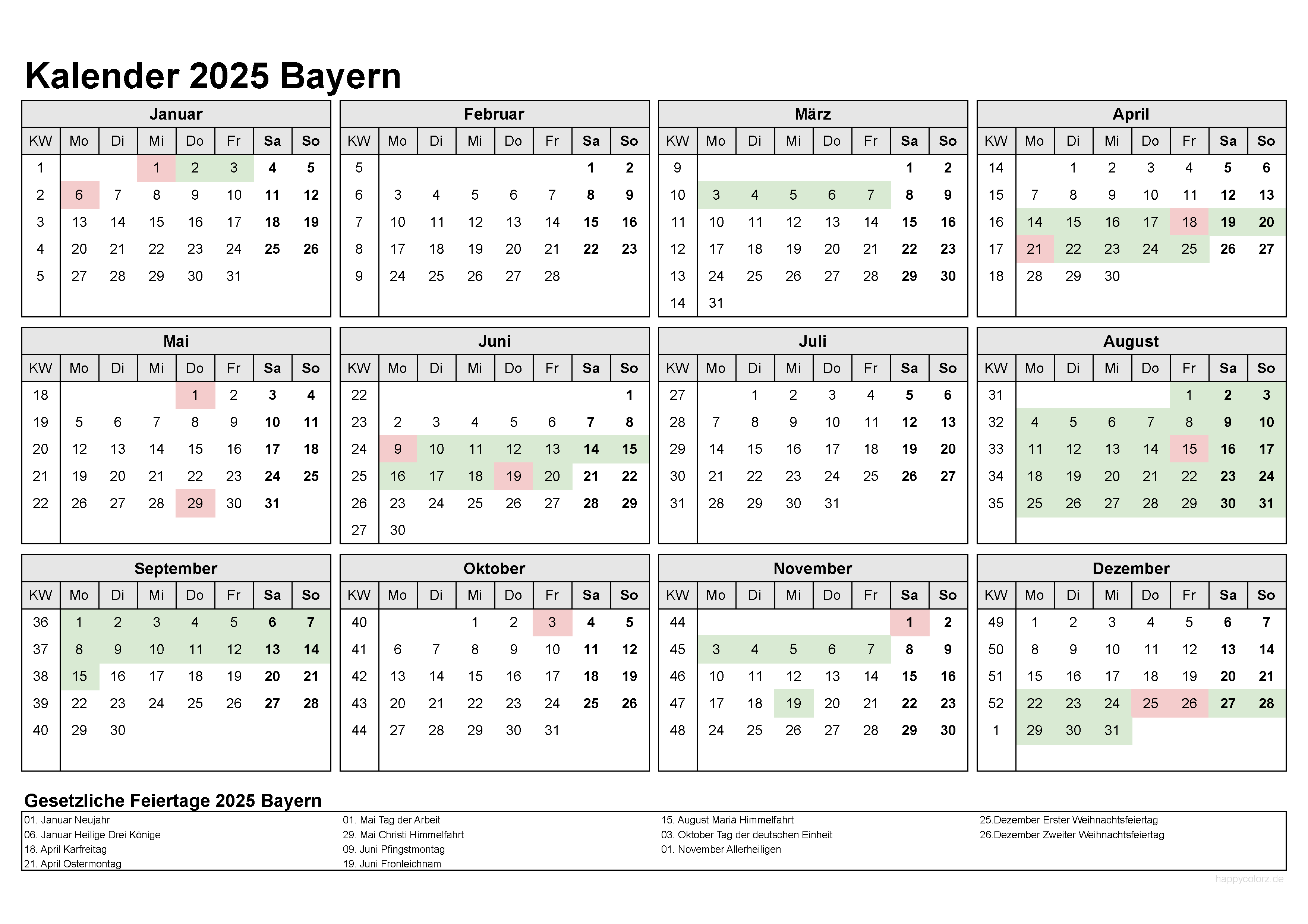 Kalender 2025 Bayern Kostenlos Ferien Übersicht Feiertage Pdf