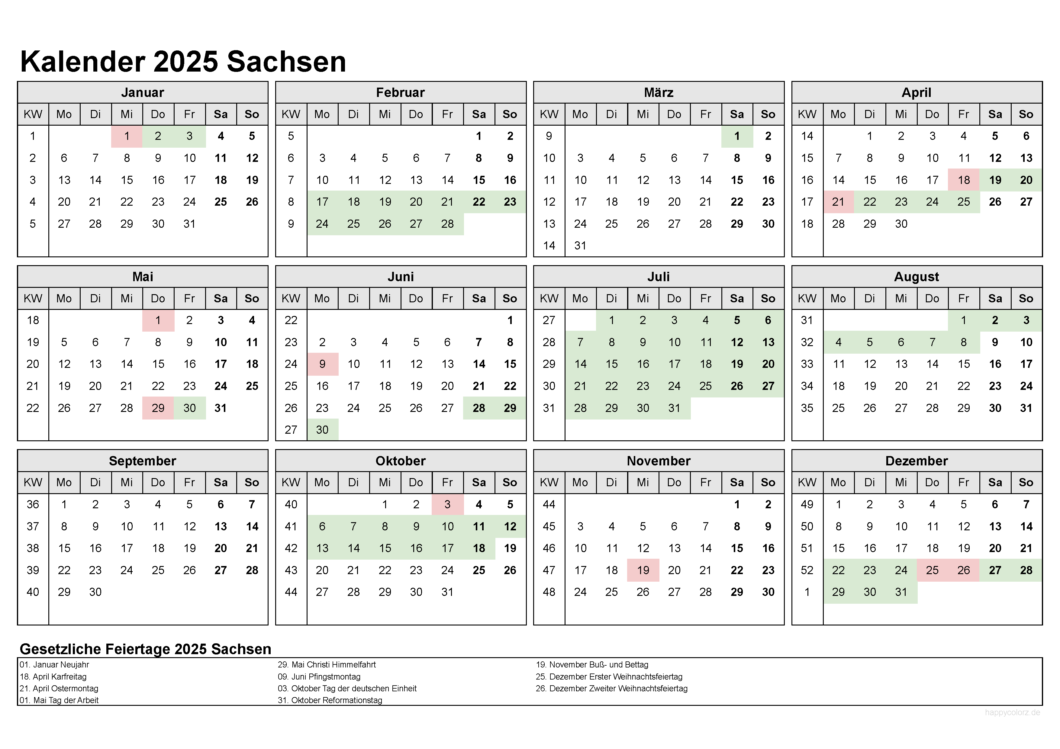 Kalender 2025 Sachsen A3 