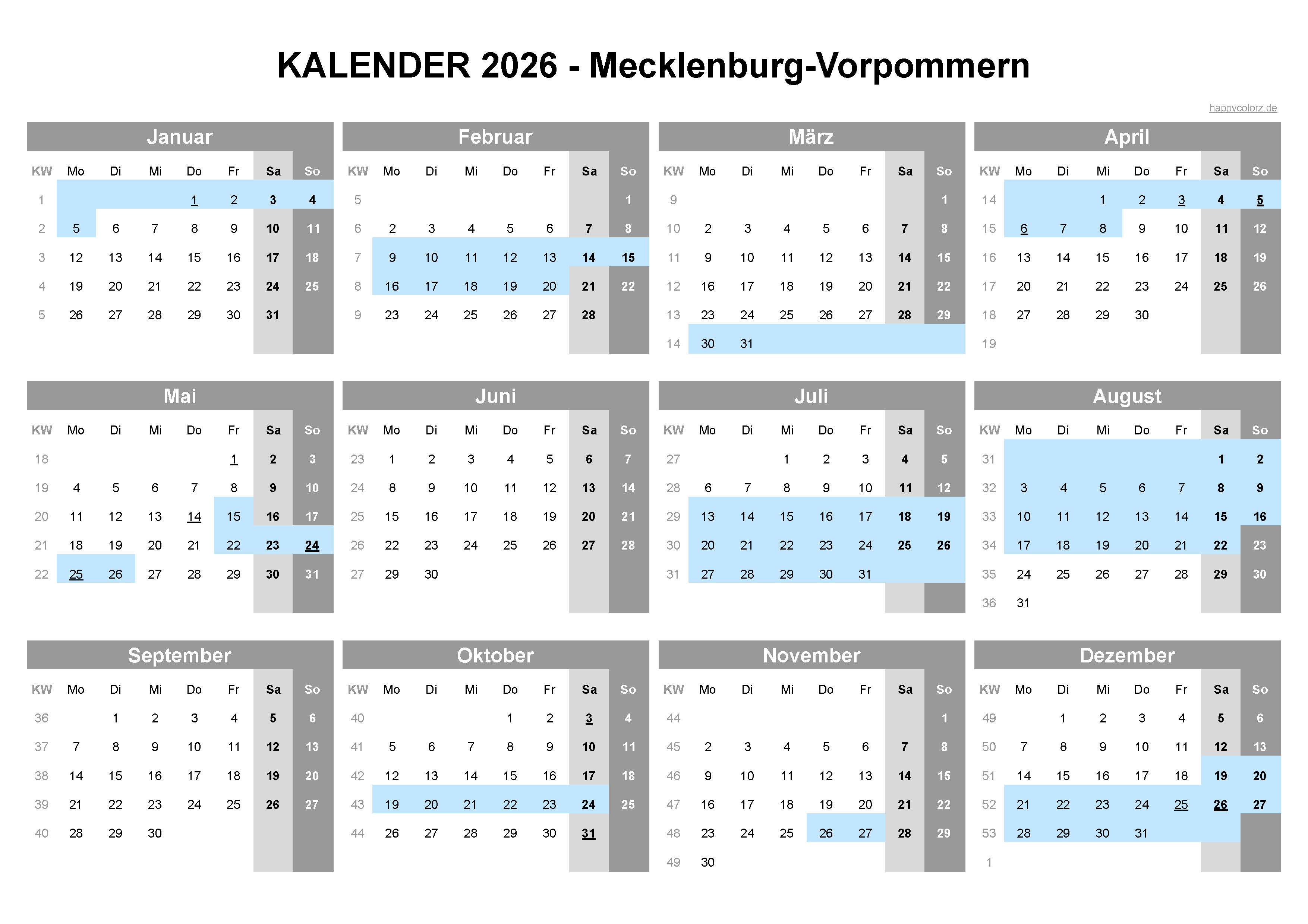 Kalender 2026 Mecklenburg-Vorpommern zum Ausdrucken Kalender 2026 Mecklenburg-Vorpommern zum Ausdrucken