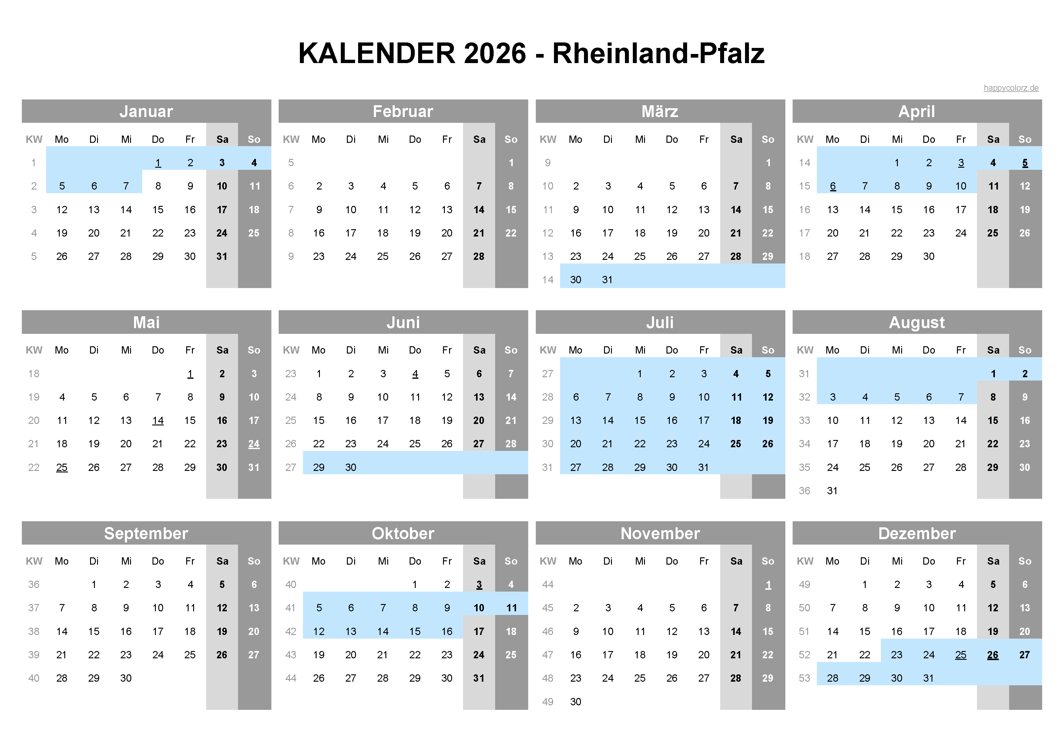 Kalender 2026 Rheinland-Pfalz zum Ausdrucken Kalender 2026 Rheinland-Pfalz zum Ausdrucken