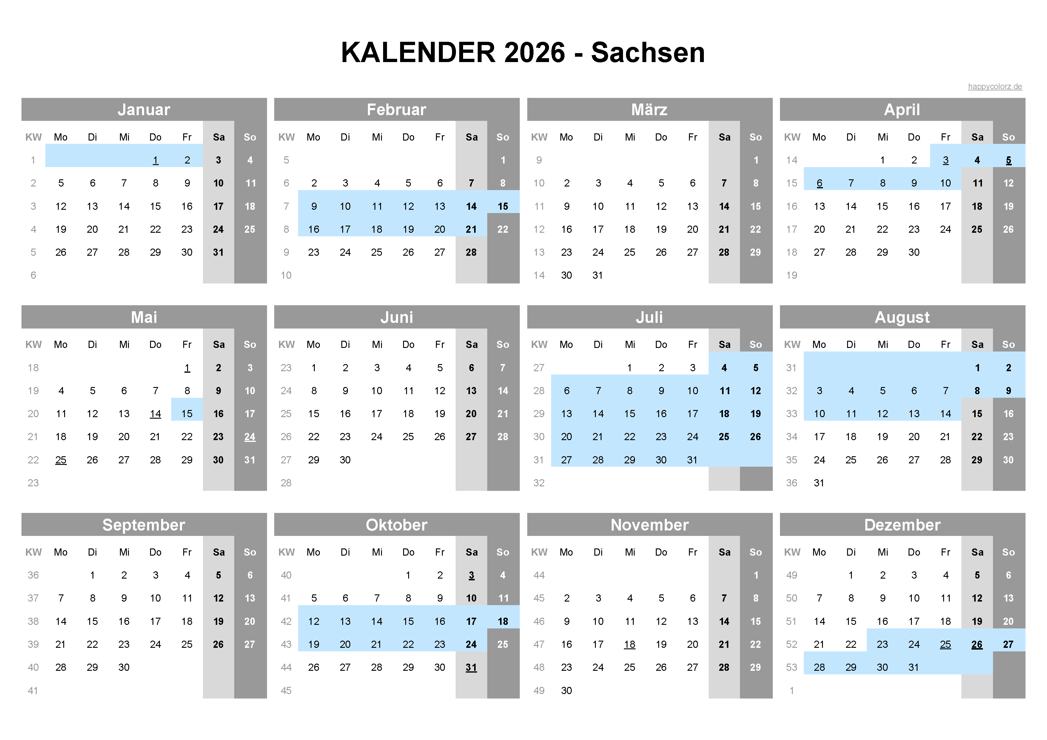 Kalender 2026 Sachsen zum Ausdrucken Kalender 2026 Sachsen zum Ausdrucken