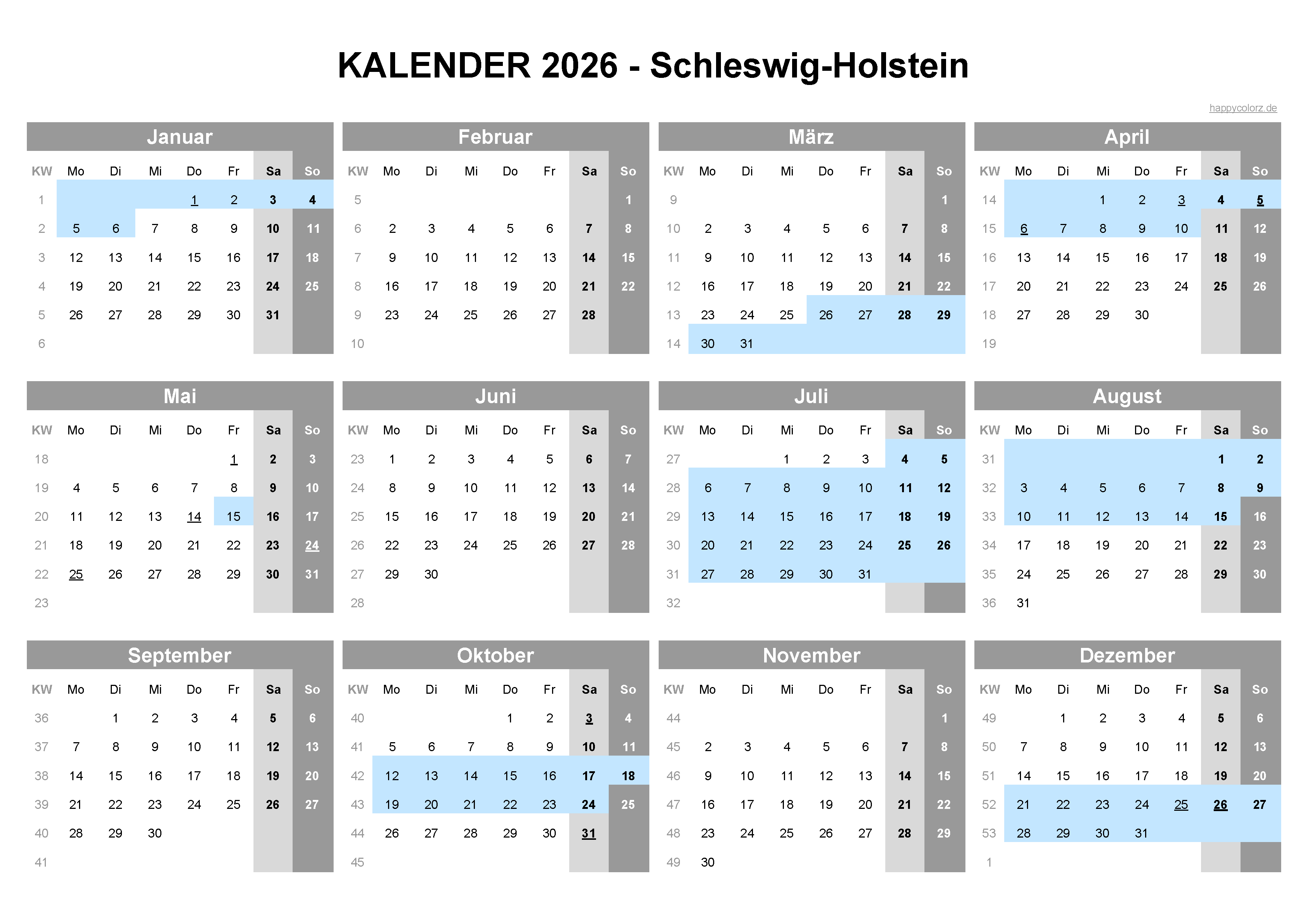 Kalender 2026 Schleswig-Holstein zum Ausdrucken Kalender 2026 Schleswig-Holstein zum Ausdrucken