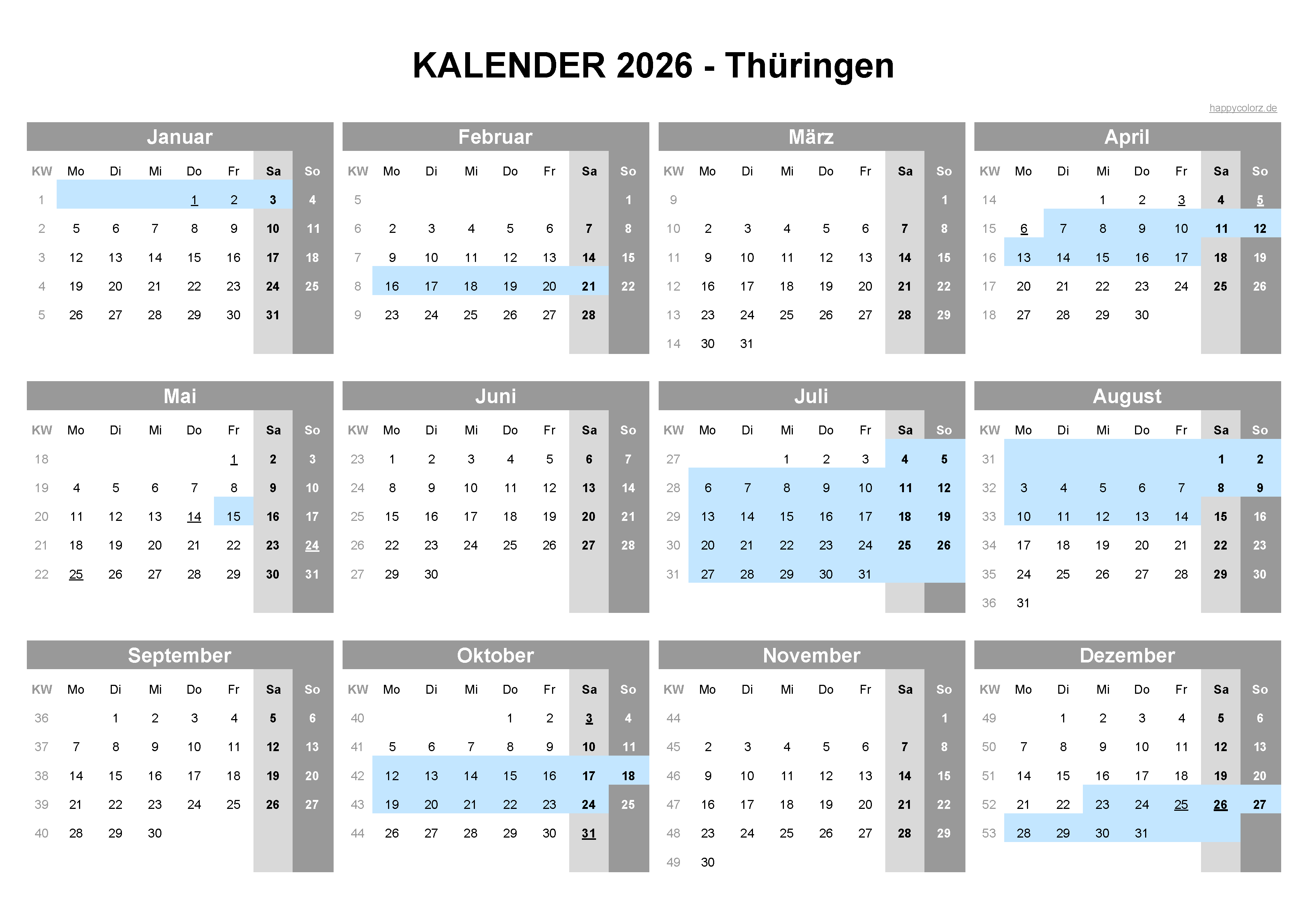 Kalender 2026 Thüringen zum Ausdrucken Kalender 2026 Thüringen zum Ausdrucken