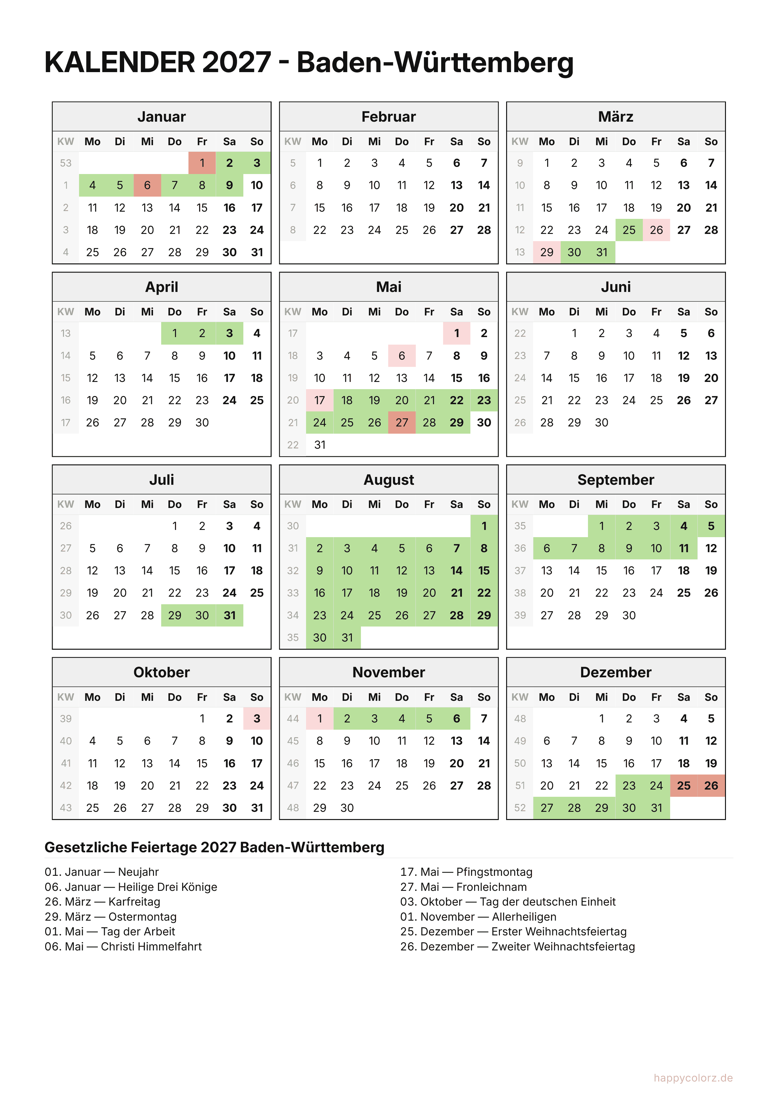 Kalender 2027 Baden-Württemberg zum Ausdrucken