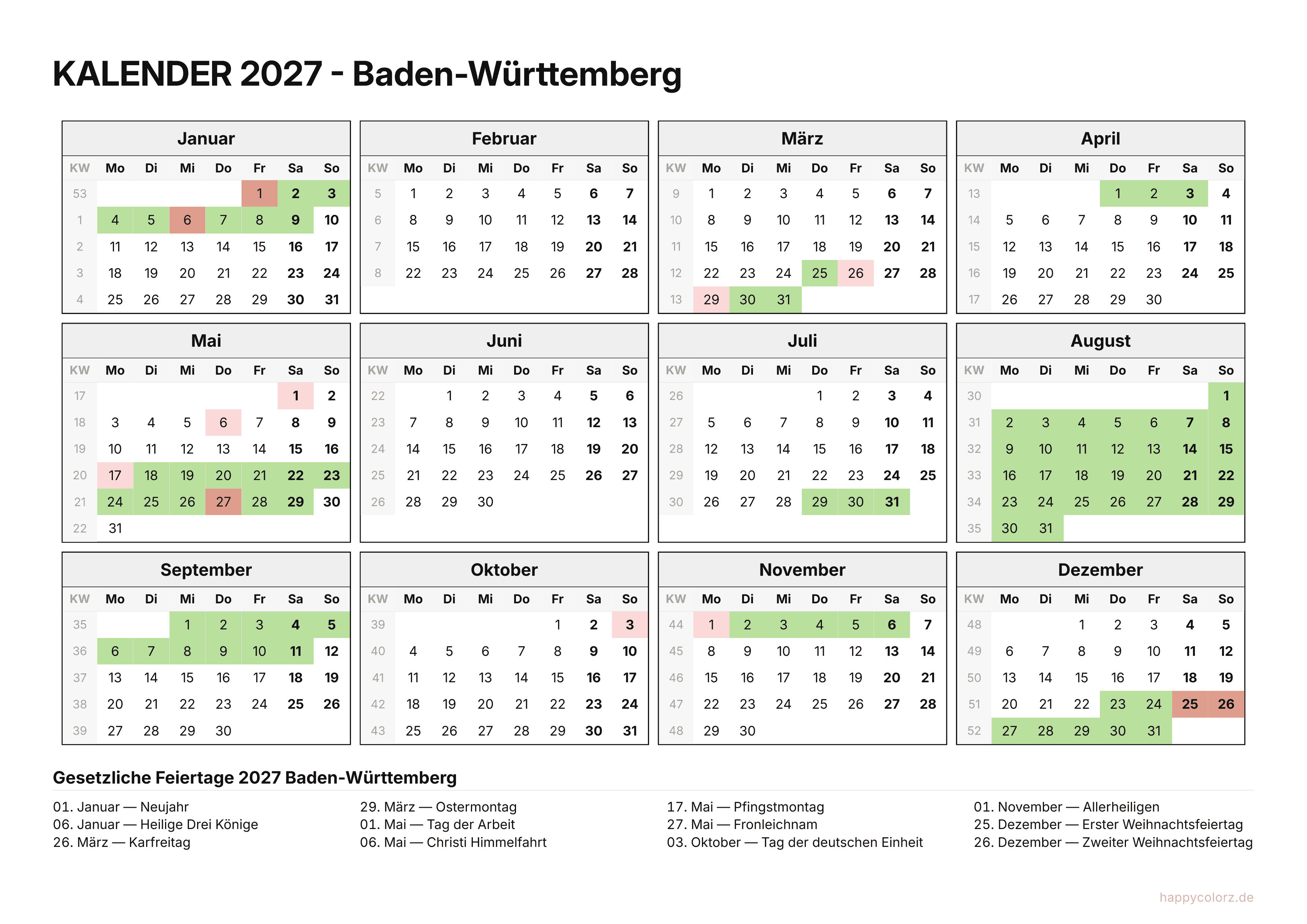 Kalender 2027 Baden-Württemberg zum Ausdrucken