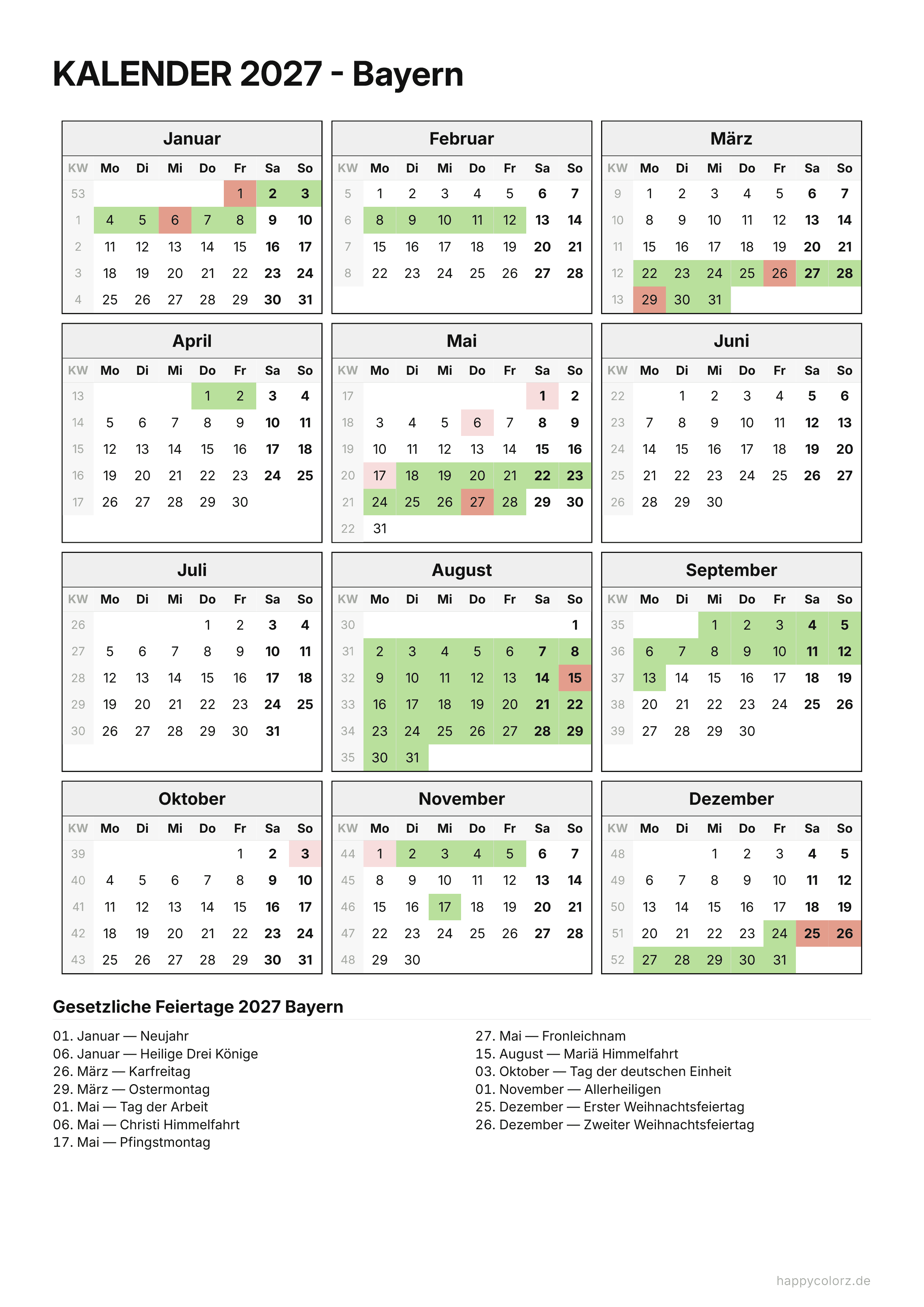 Kalender 2027 Bayern zum Ausdrucken
